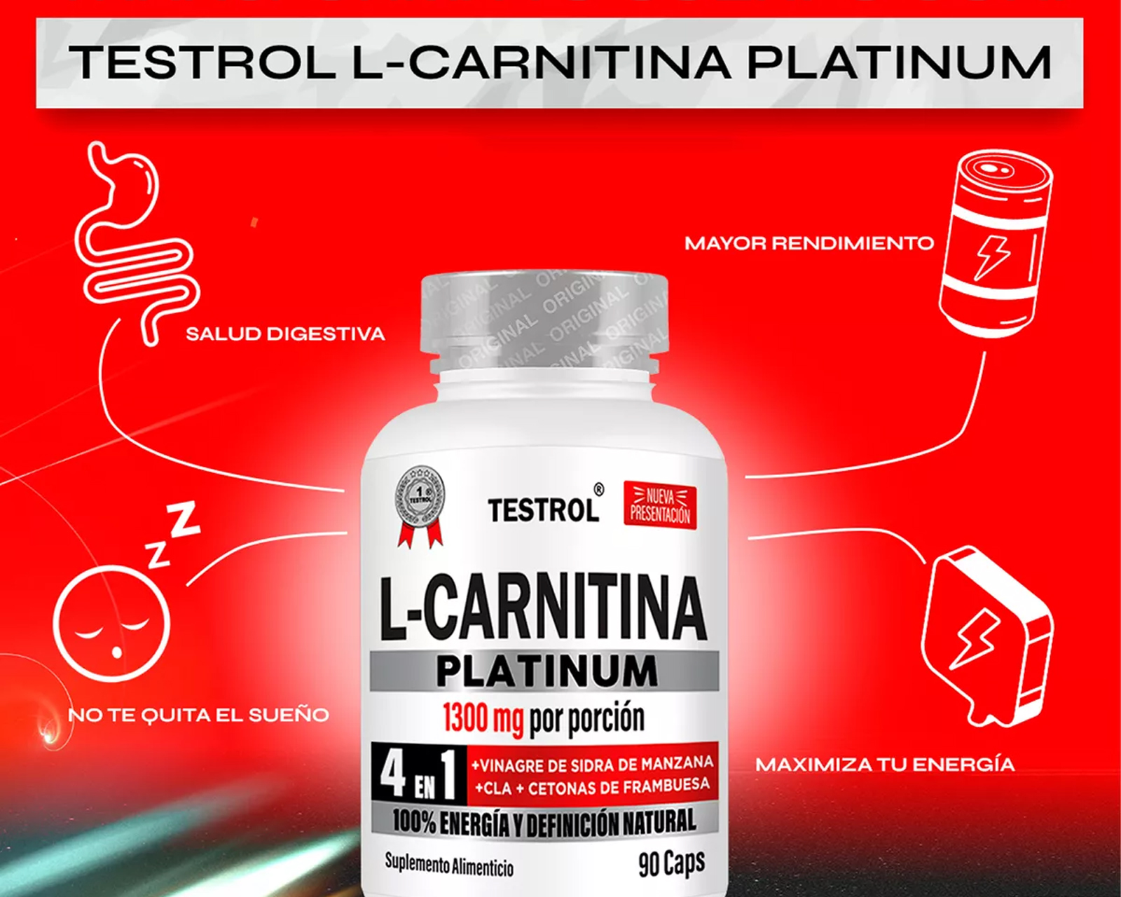 Foto 6 pulgar | Testrol 4 en 1 L-Carnitina Platinum 1300 mg 90 Cápsulas