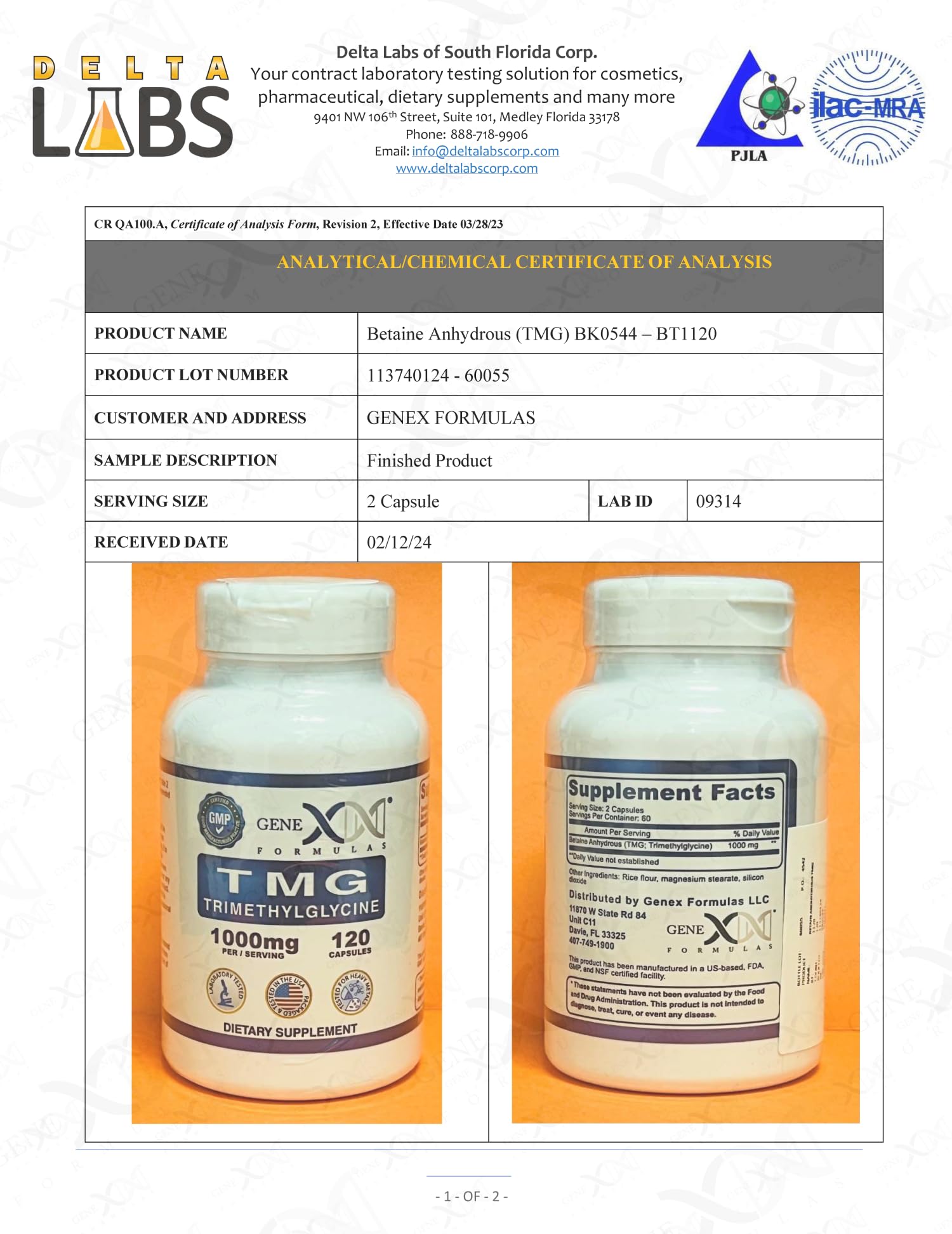 Foto 3 pulgar | Suplemento Genex Formulas Tmg 1000 Mg De Betaína Anhidra 360 Cápsulas - Venta Internacional.