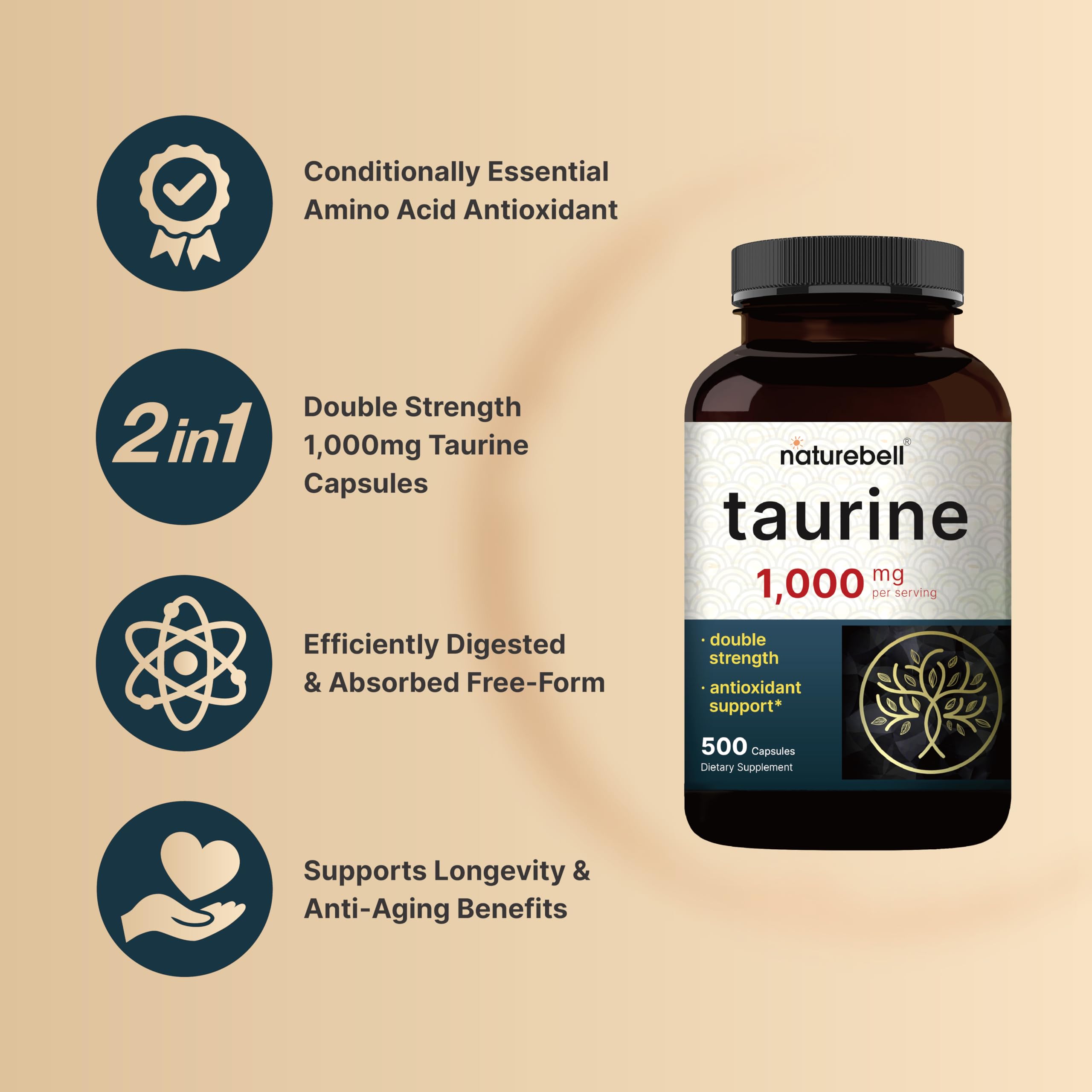Foto 3 | Suplemento Naturebell Taurina 1000 Mg 500 Cápsulas - Venta Internacional.