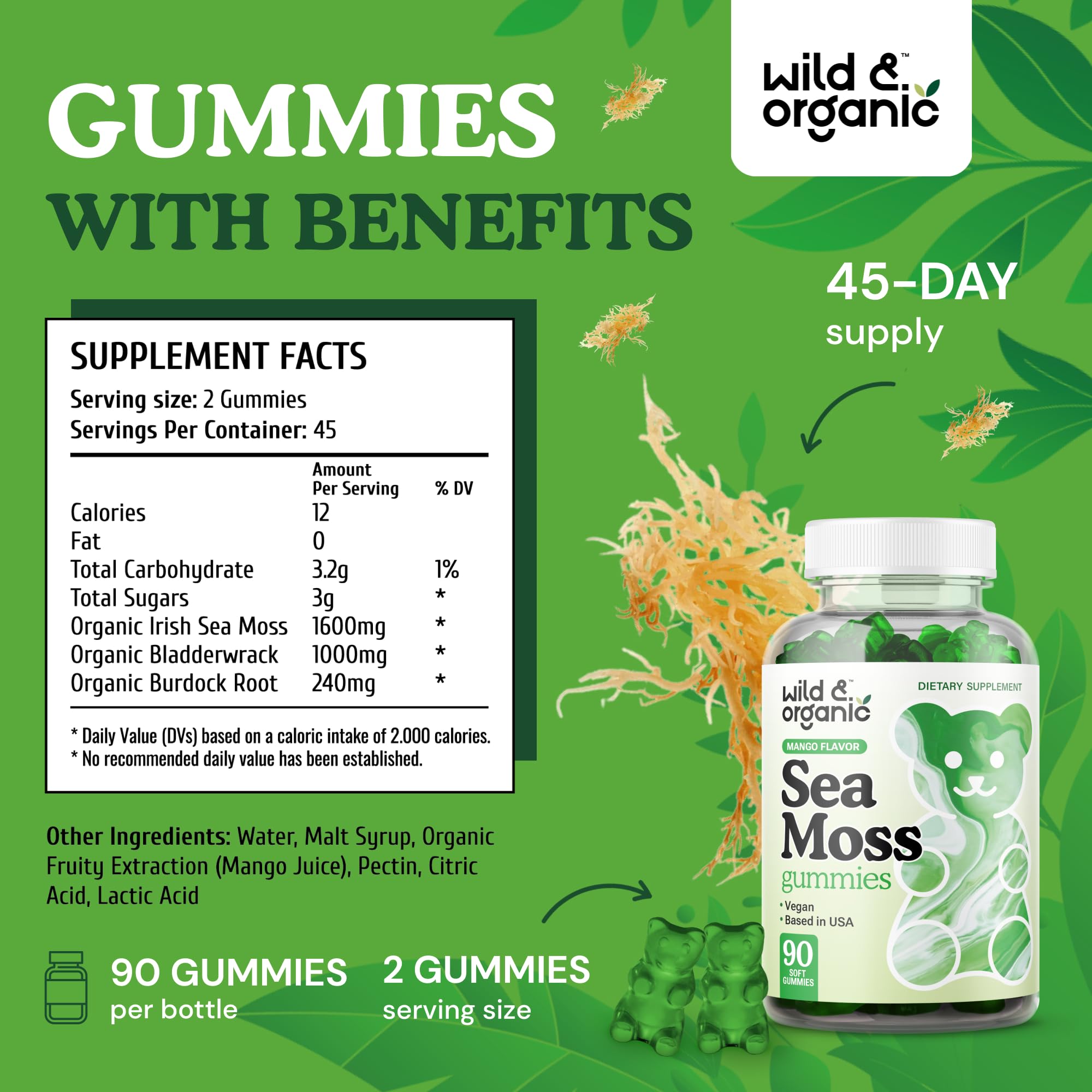 Foto 4 pulgar | Gomitas Sea Moss Wild & Organic De 1600 Mg Con Fucus De 90 Unidades - Venta Internacional.