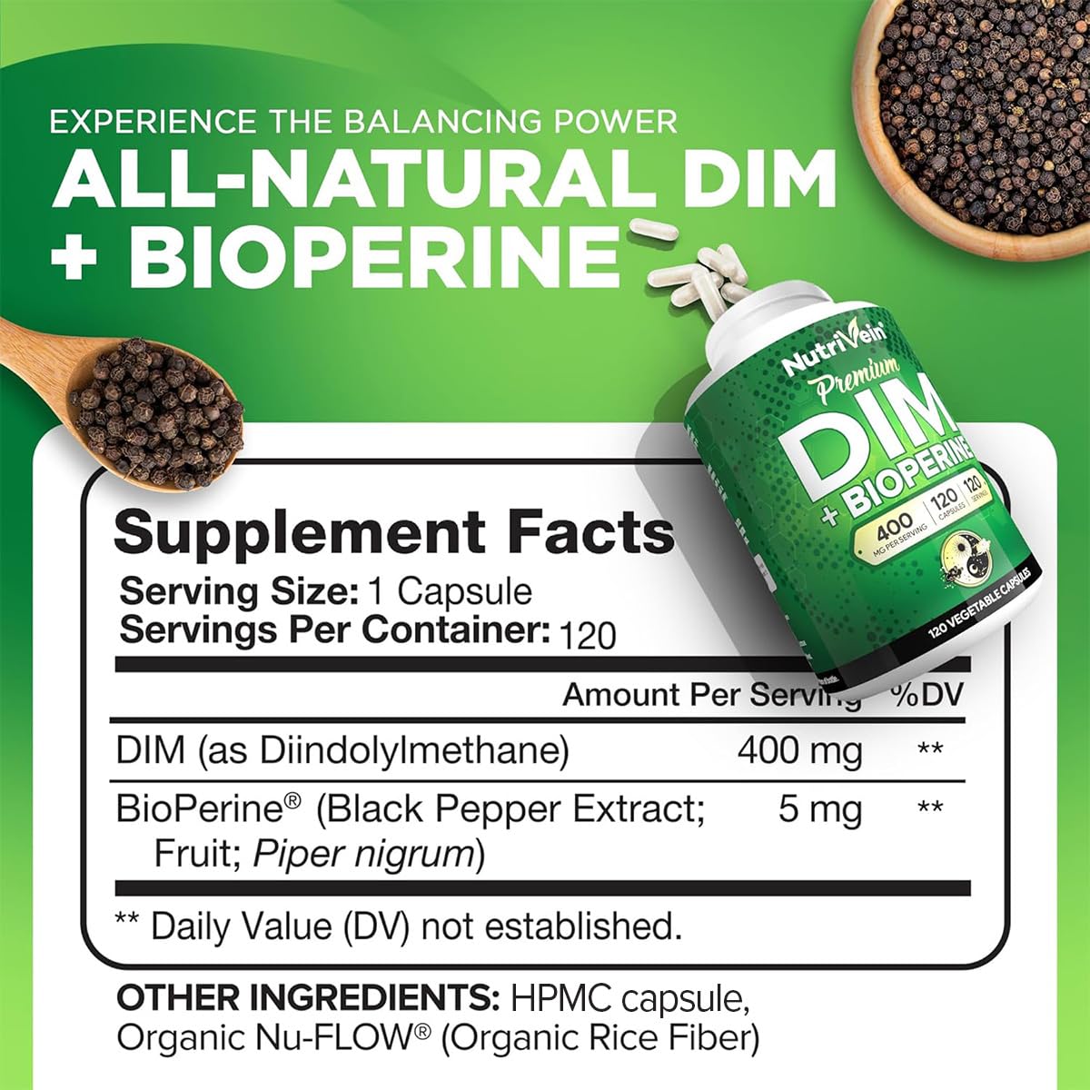 Foto 3 pulgar | Suplemento Nutrivein Premium Dim 400 Mg Al Día 120 Cápsulas - Venta Internacional.