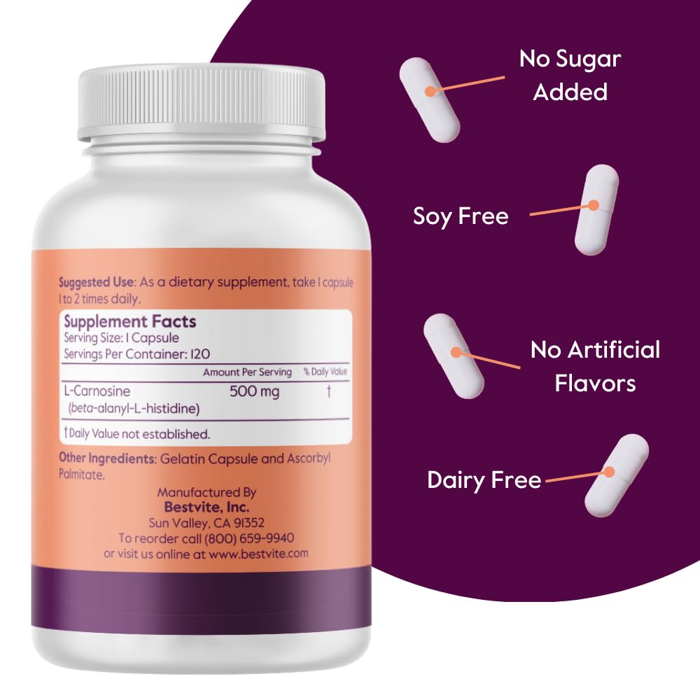 Foto 4 pulgar | Suplemento Bestvite L-carnosina 500 Mg 120 Cápsulas - Venta Internacional.