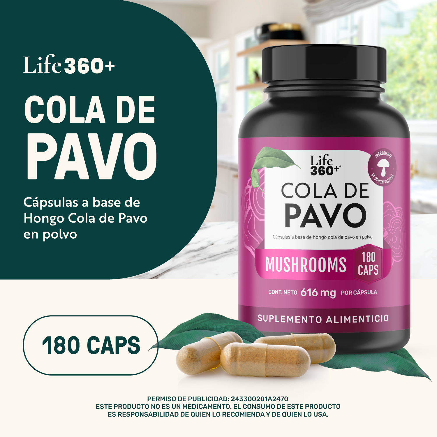 Foto 5 pulgar | Cola De Pavo Life 360+ 180 Cápsulas Con Hongo Cola De Pavo