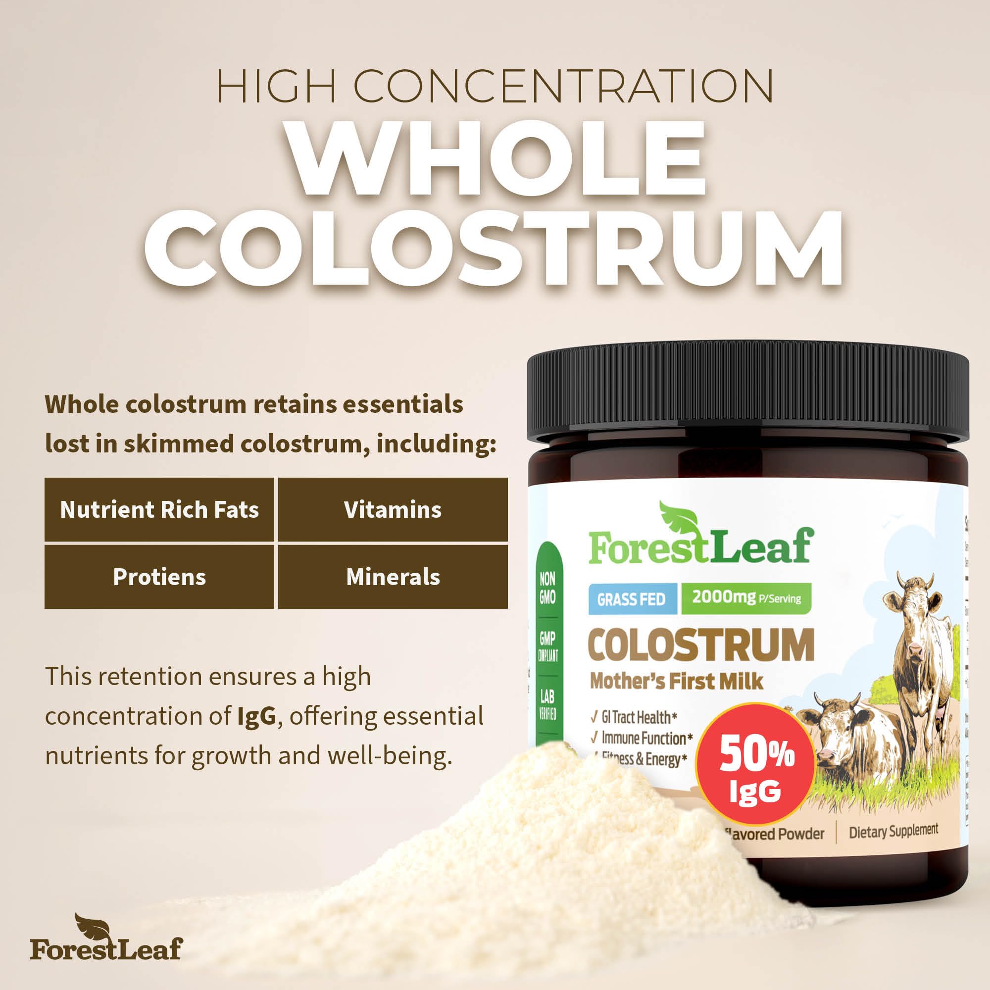 Foto 3 pulgar | Suplemento De Calostro Forestleaf Con 50% De Concentración De Igg 45 Serv - Venta Internacional.