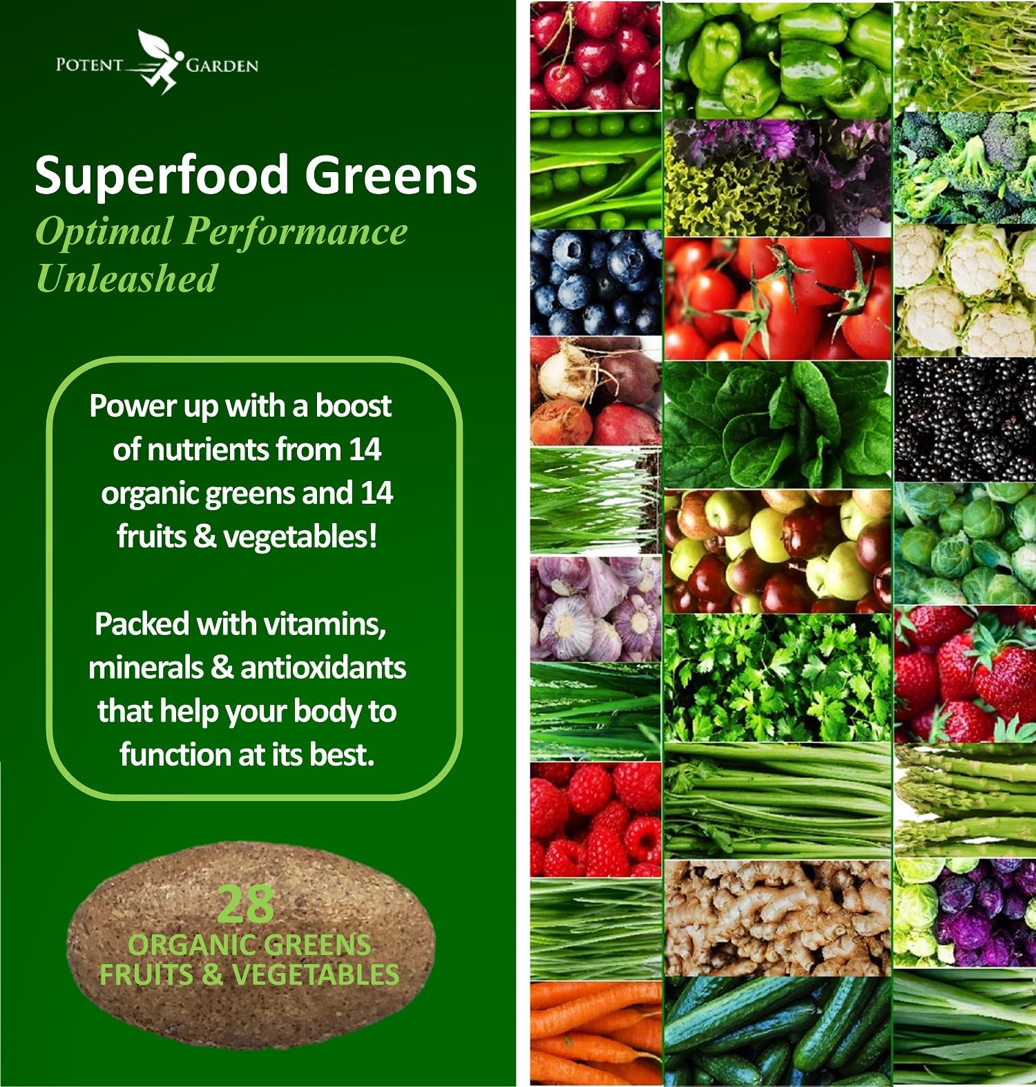 Foto 3 pulgar | Suplemento Potent Garden Organic Superfood Greens, 60 Comprimidos - Venta Internacional.