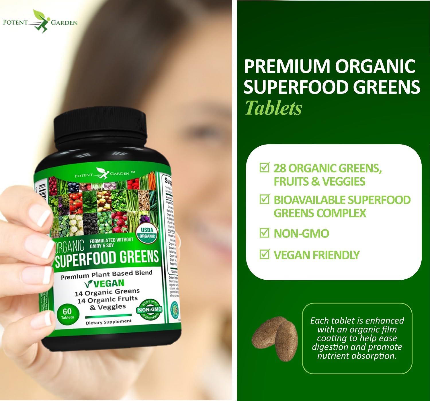 Foto 5 pulgar | Suplemento Potent Garden Organic Superfood Greens, 60 Comprimidos - Venta Internacional.