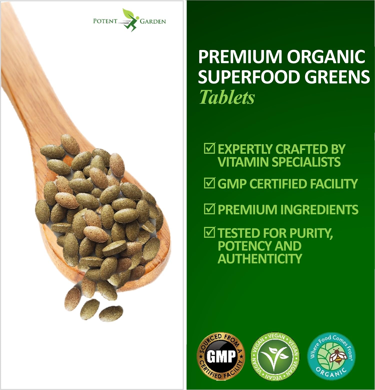 Foto 7 pulgar | Suplemento Potent Garden Organic Superfood Greens, 60 Comprimidos - Venta Internacional.