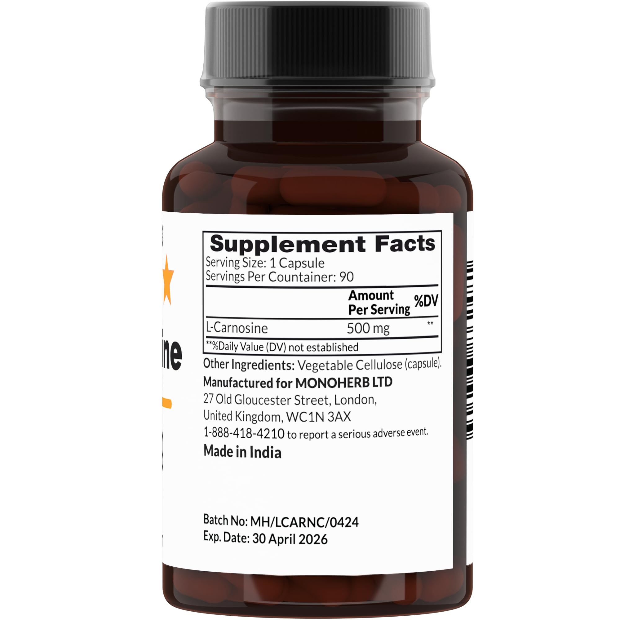 Foto 3 pulgar | Suplemento Monoherb L-carnosina 500 Mg 90 Cápsulas Vegetarianas - Venta Internacional.