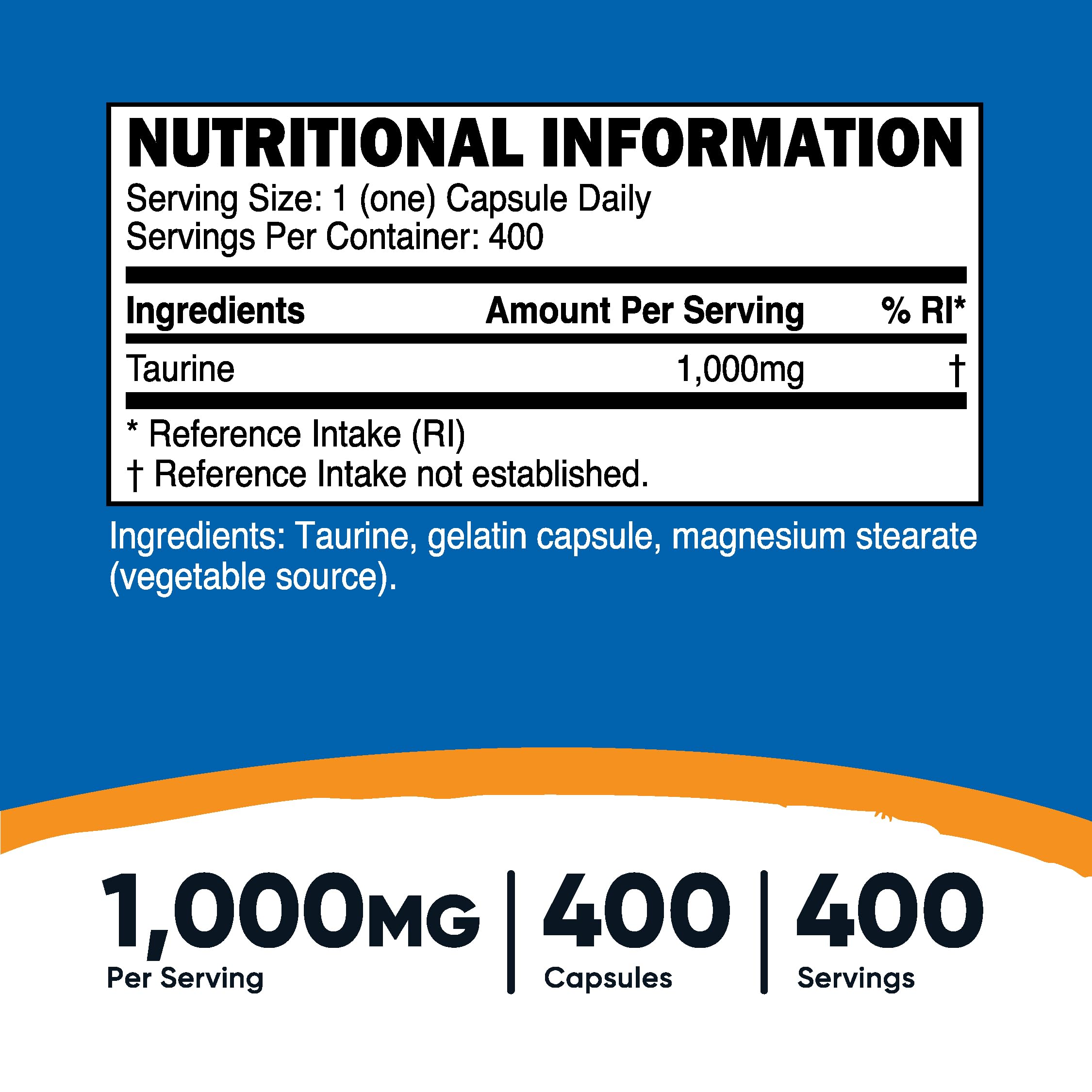 Foto 3 pulgar | Suplemento Nutricost Taurina 1000 Mg 400 Cápsulas - Venta Internacional.