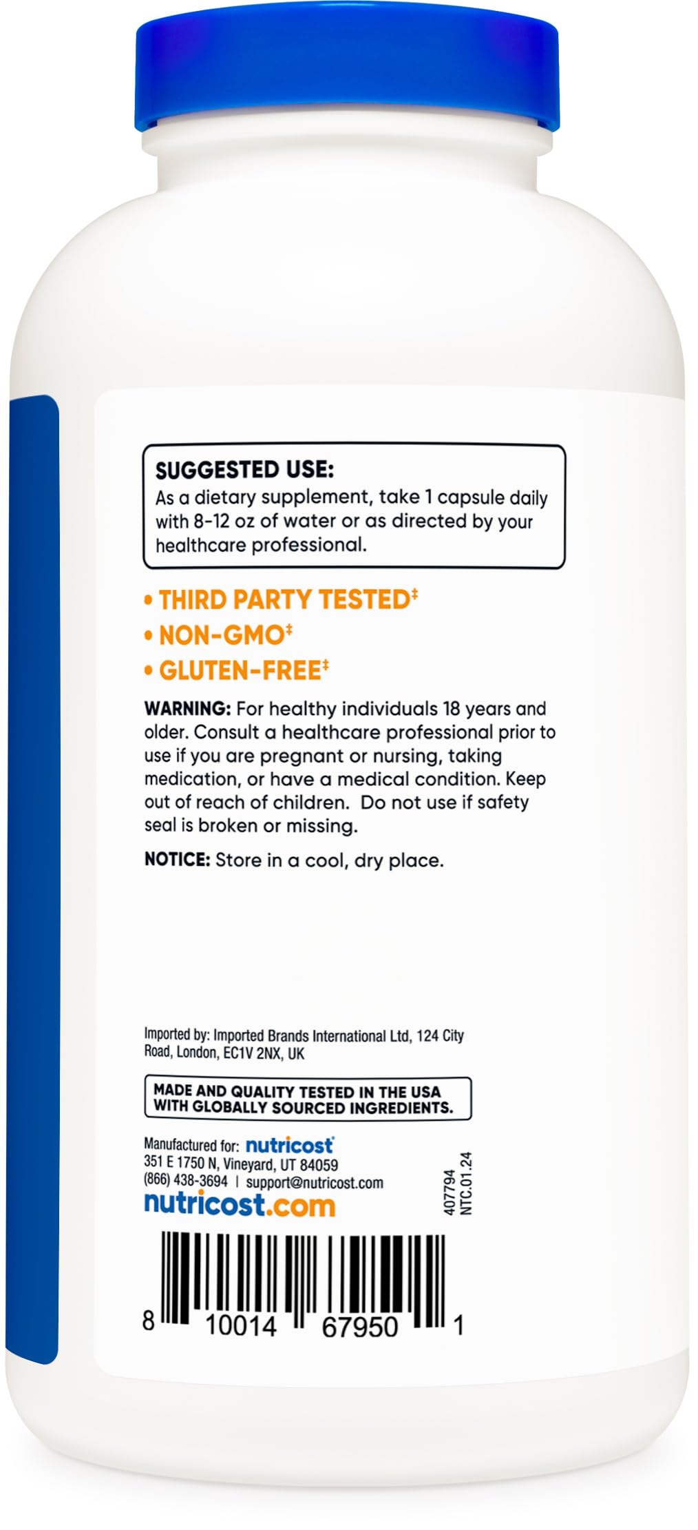 Foto 5 pulgar | Suplemento Nutricost Taurina 1000 Mg 400 Cápsulas - Venta Internacional.