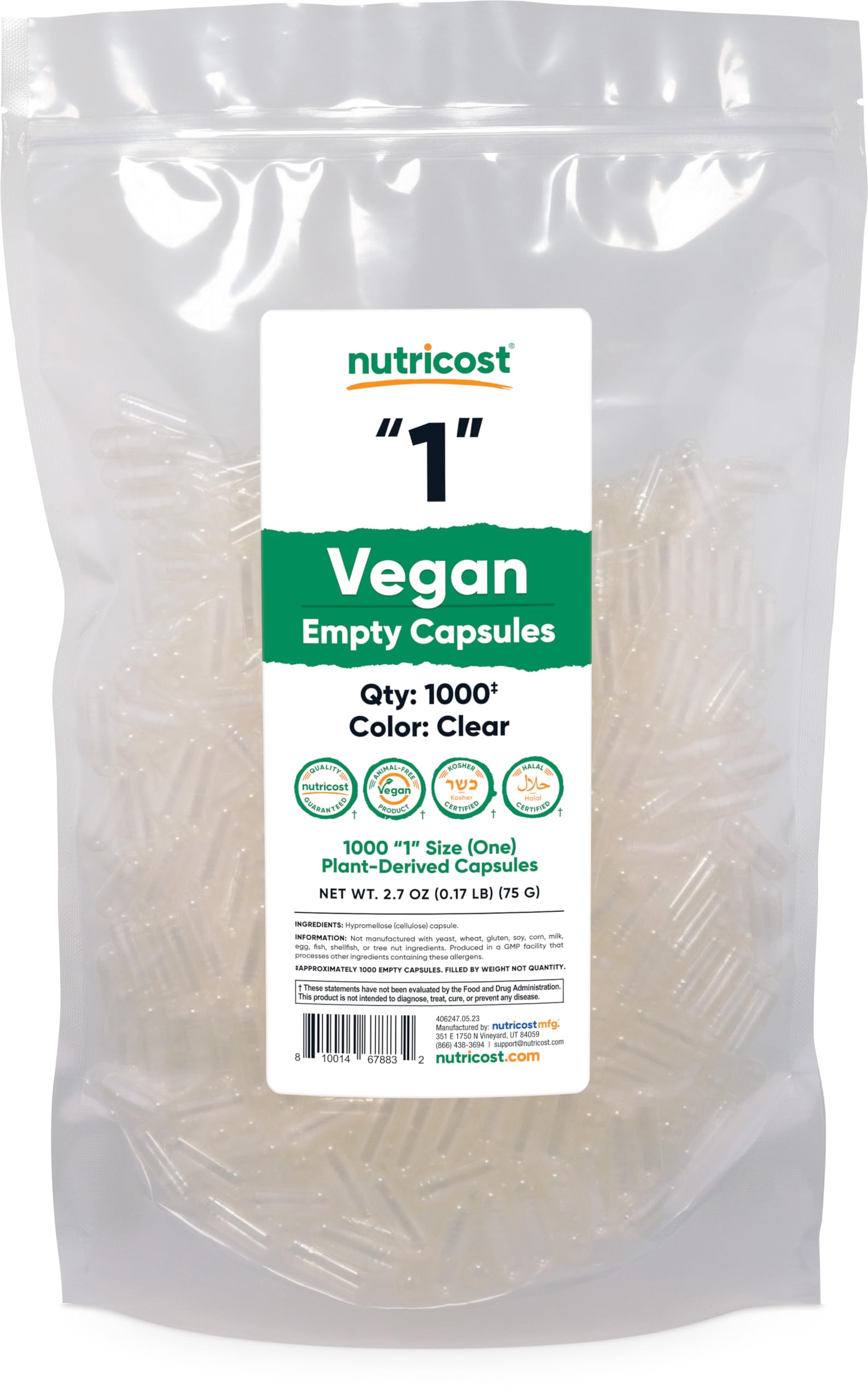 Foto 2 pulgar | Cápsulas Vacías Nutricost, Tamaño 1, Veganas, 1000 Cápsulas Transparentes - Venta Internacional.