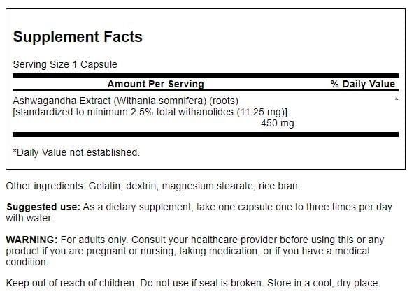 Foto 3 pulgar | Suplemento De Extracto De Ashwagandha De Swanson 450 Mg (60 Cápsulas) - Venta Internacional.