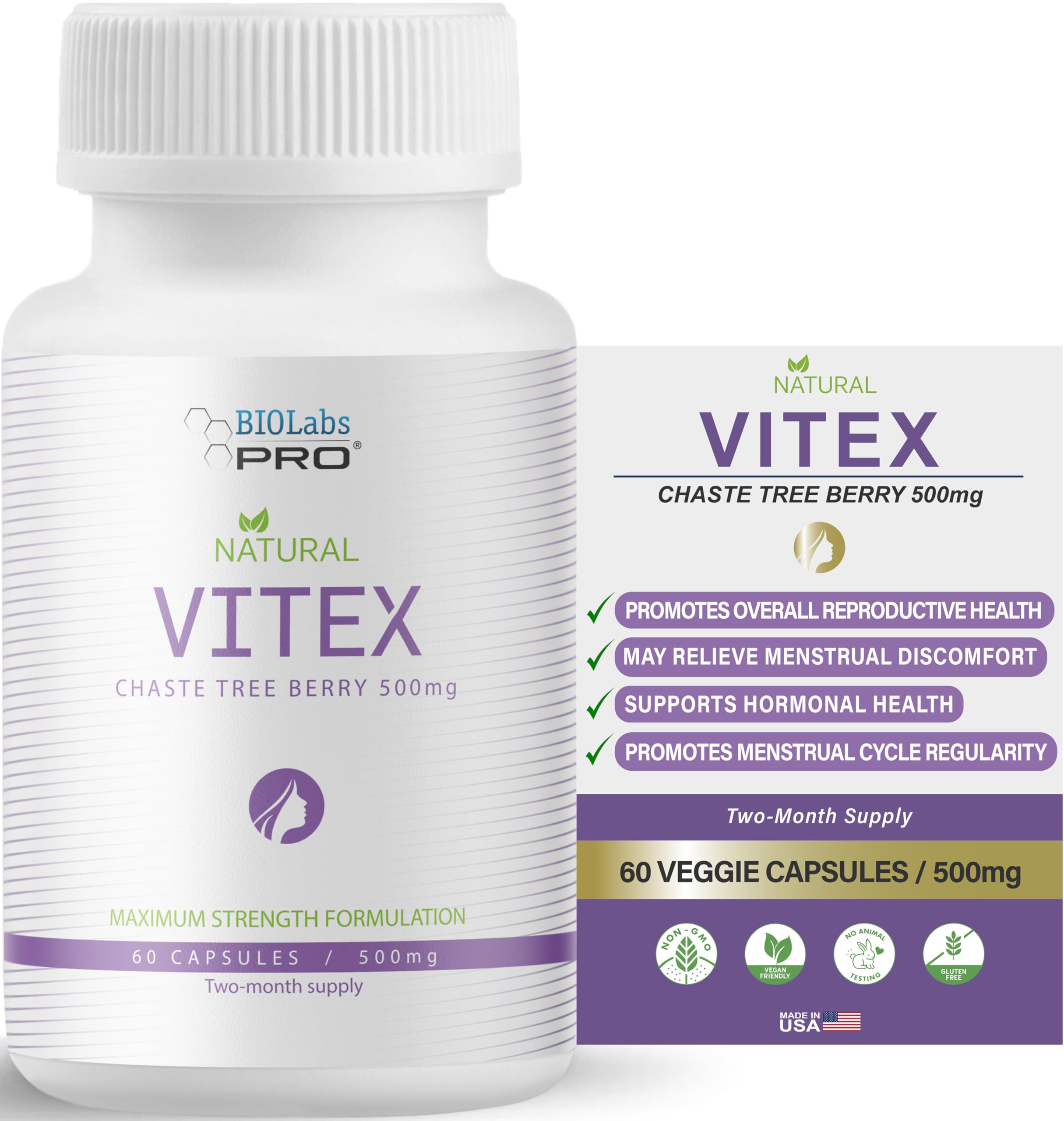 Foto 2 pulgar | Suplemento Biolabs Pro Natural Vitex Sauzgatillo 500 Mg 60 Cápsulas - Venta Internacional.