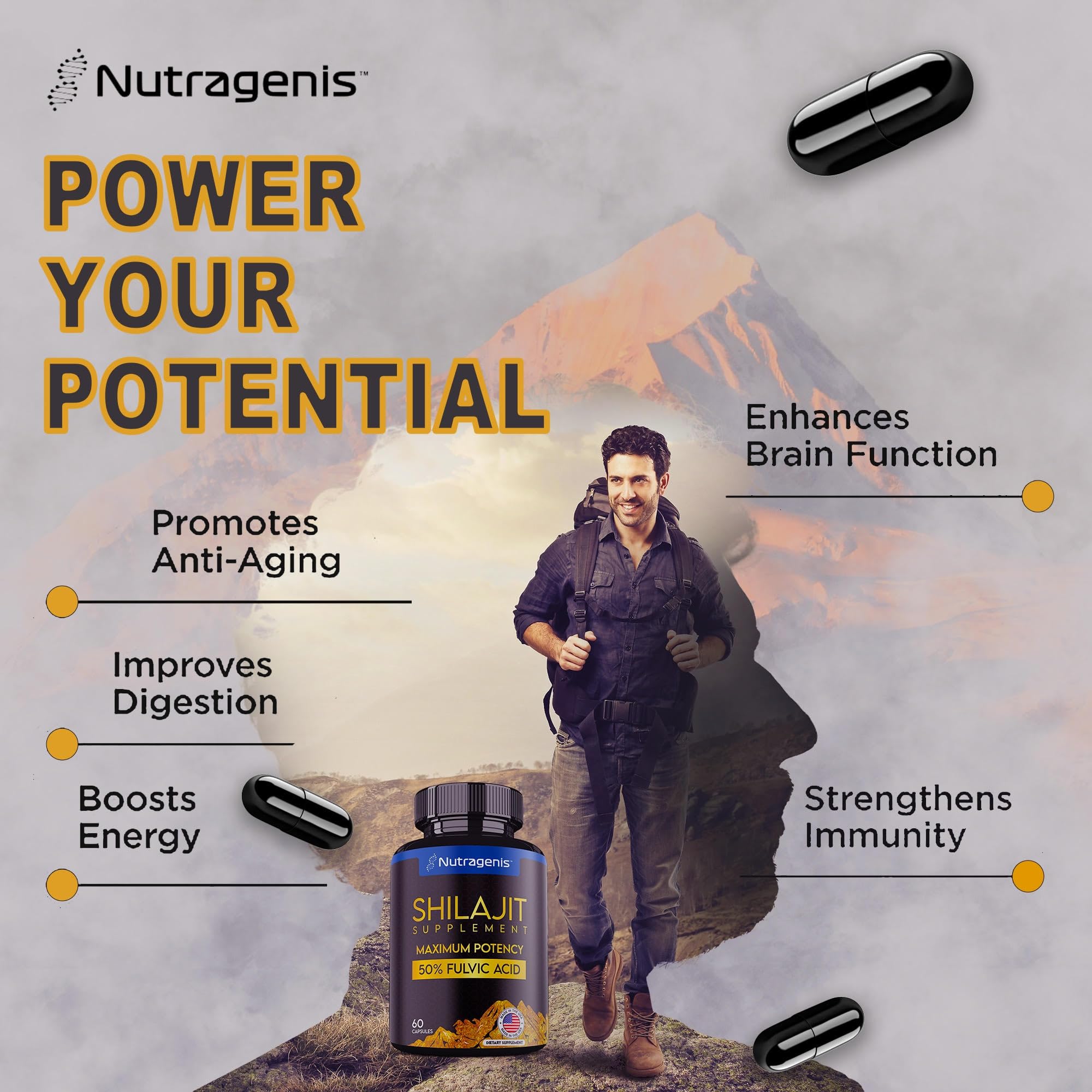 Foto 7 pulgar | Suplemento En Cápsulas De Shilajit Nutragenis, 60 Unidades, 60 000 Mg - Venta Internacional.