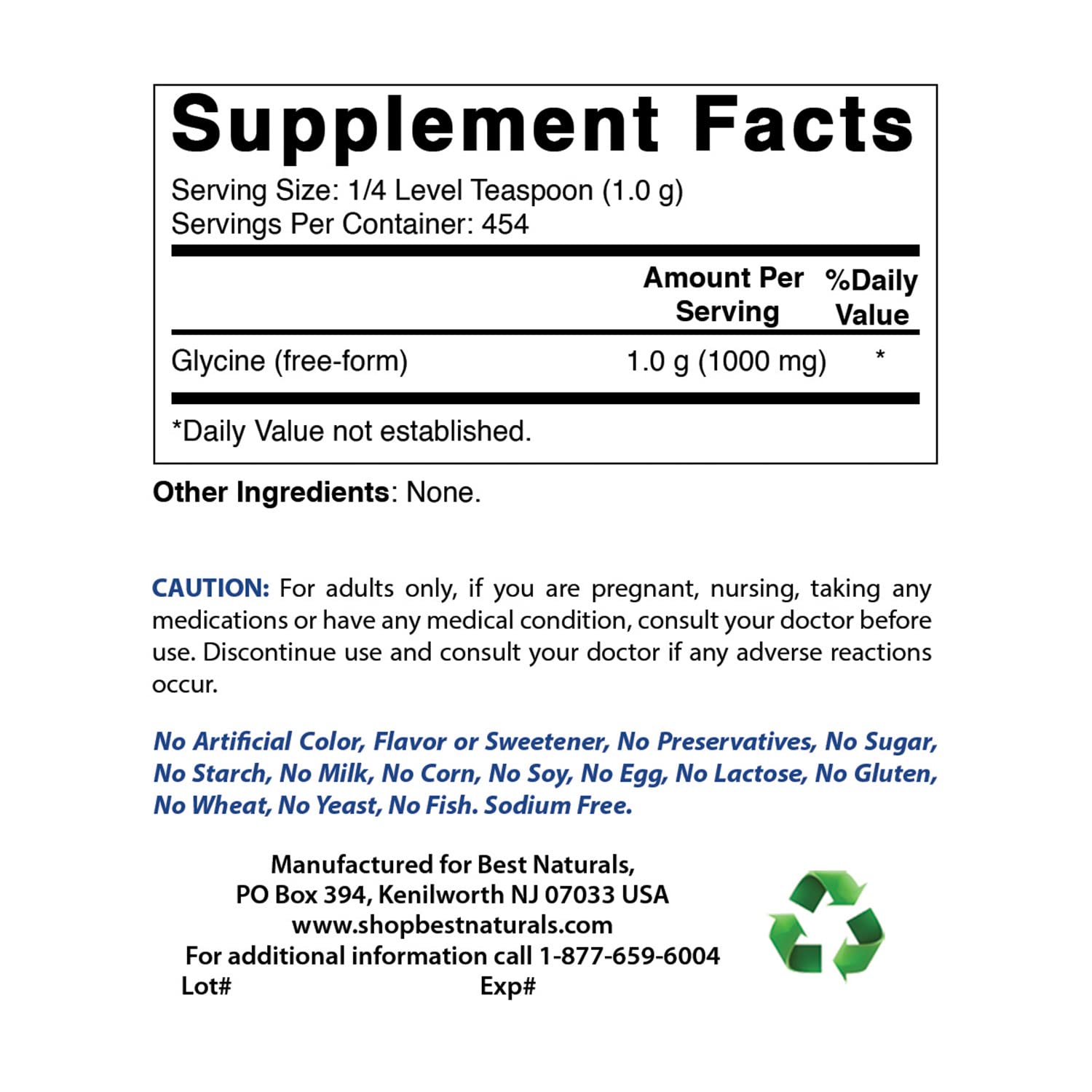 Foto 2 | Neurotransmisor De Glicina En Polvo Supplement Best Naturals, 454 G - Venta Internacional.