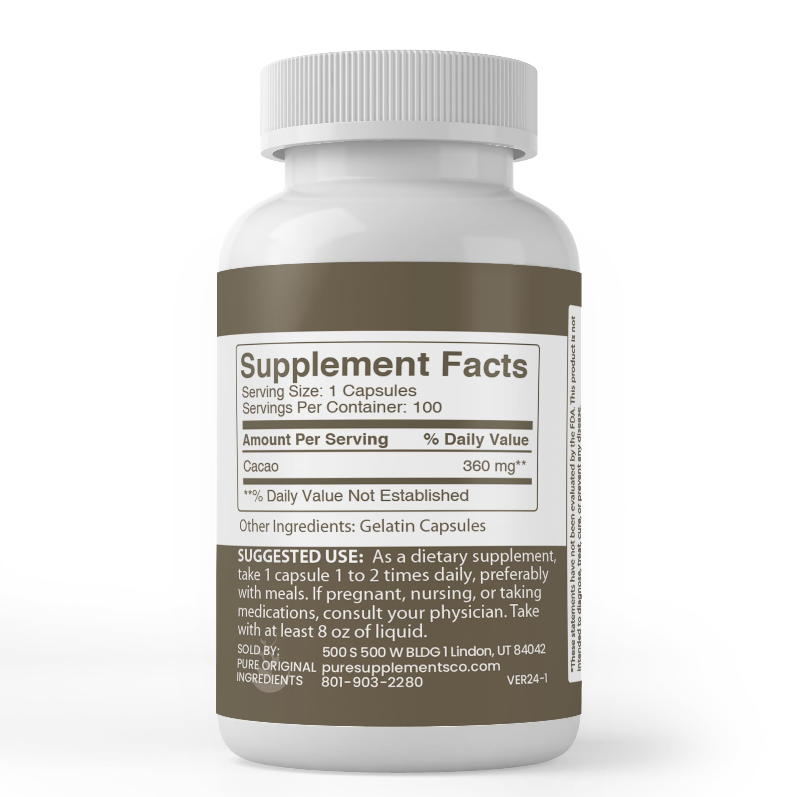 Foto 3 pulgar | Suplemento Pure Original Ingredients Cacao 100 Cápsulas - Venta Internacional.
