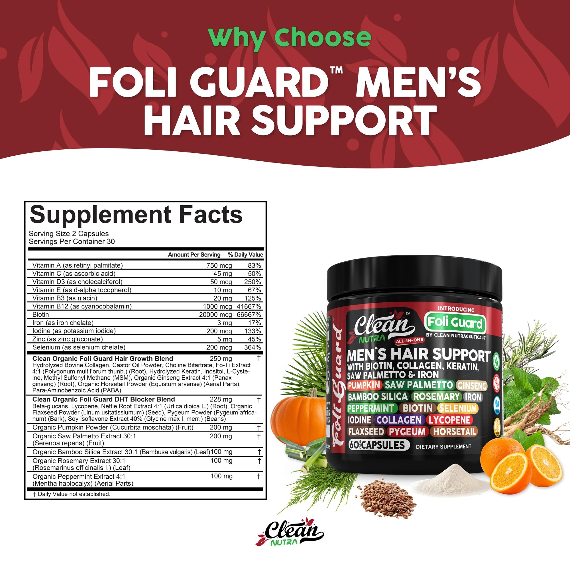 Foto 6 pulgar | Suplemento Para El Crecimiento Del Cabello Clean Nutraceuticals Foli-guard Men - Venta Internacional.