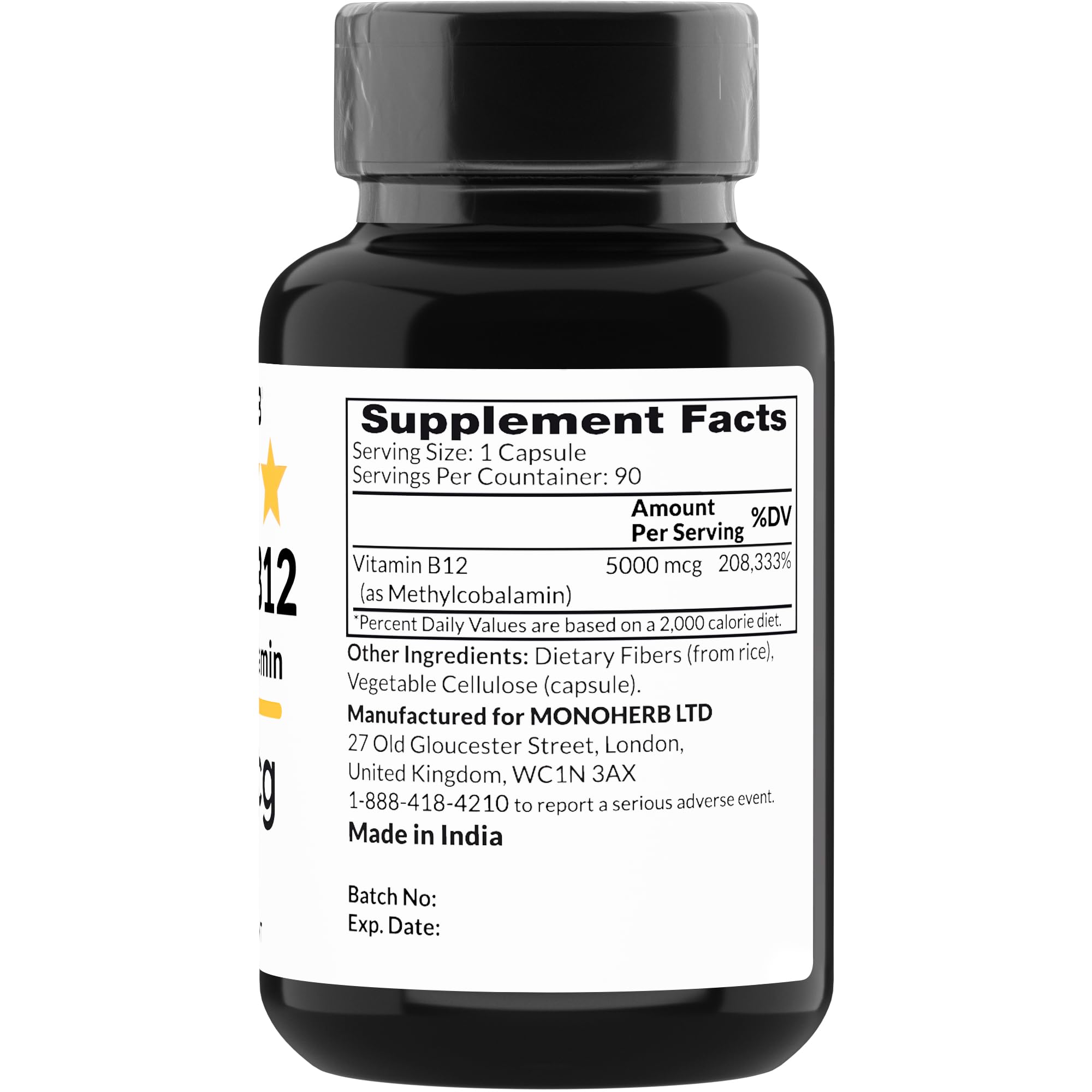 Foto 3 pulgar | Suplemento Monoherb De Vitamina B12, Metilcobalamina, 5000 Mcg, 90 Cápsulas - Venta Internacional.