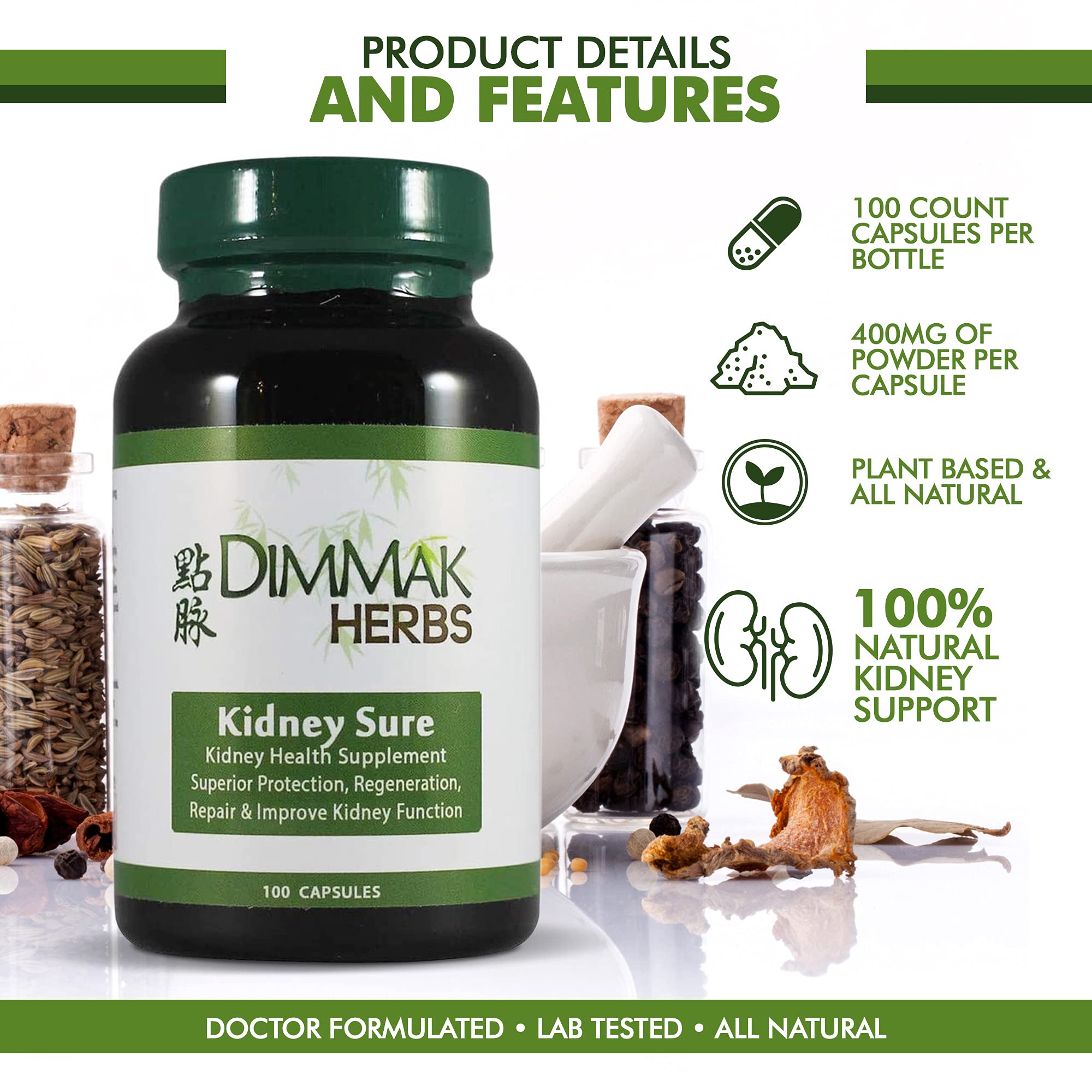 Foto 3 pulgar | Suplemento De Salud Dimmak Herbs Kidney Sure 100 Cápsulas 400 Mg - Venta Internacional.