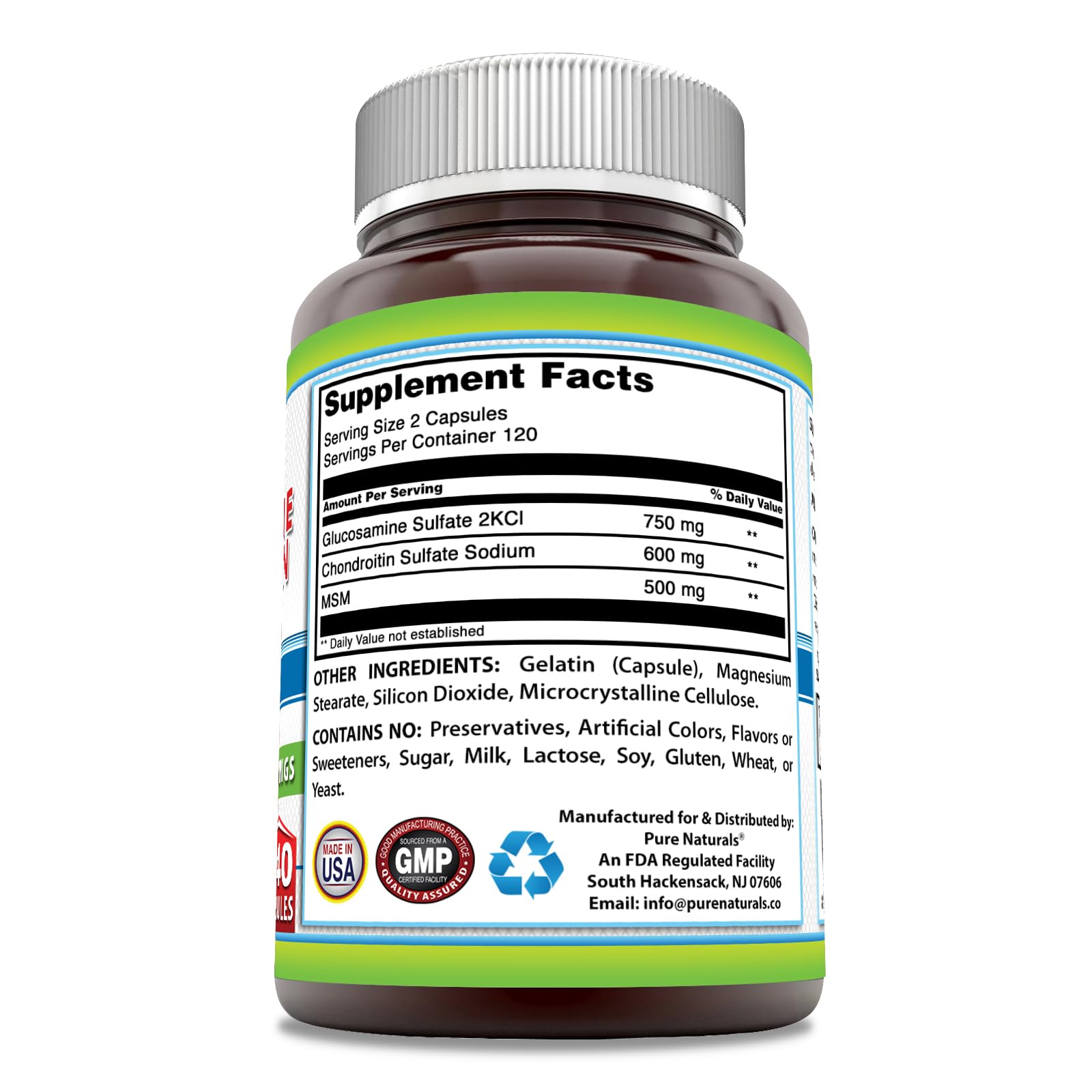 Foto 3 pulgar | Suplemento De Glucosamina Condroitina + Msm 1850 Mg De Pure Naturals - Venta Internacional.