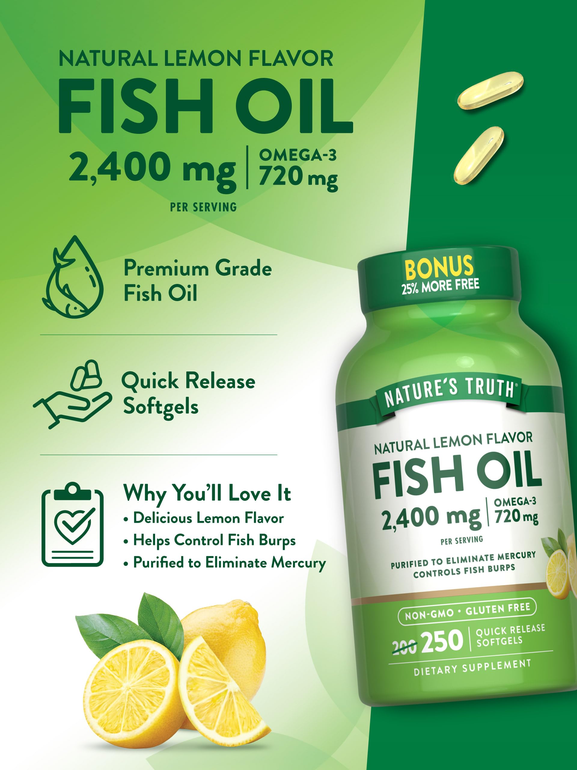Foto 5 | Suplemento De Aceite De Pescado Para Eructos De Nature's Truth 2400 Mg 250 Cápsulas Blandas - Venta Internacional.