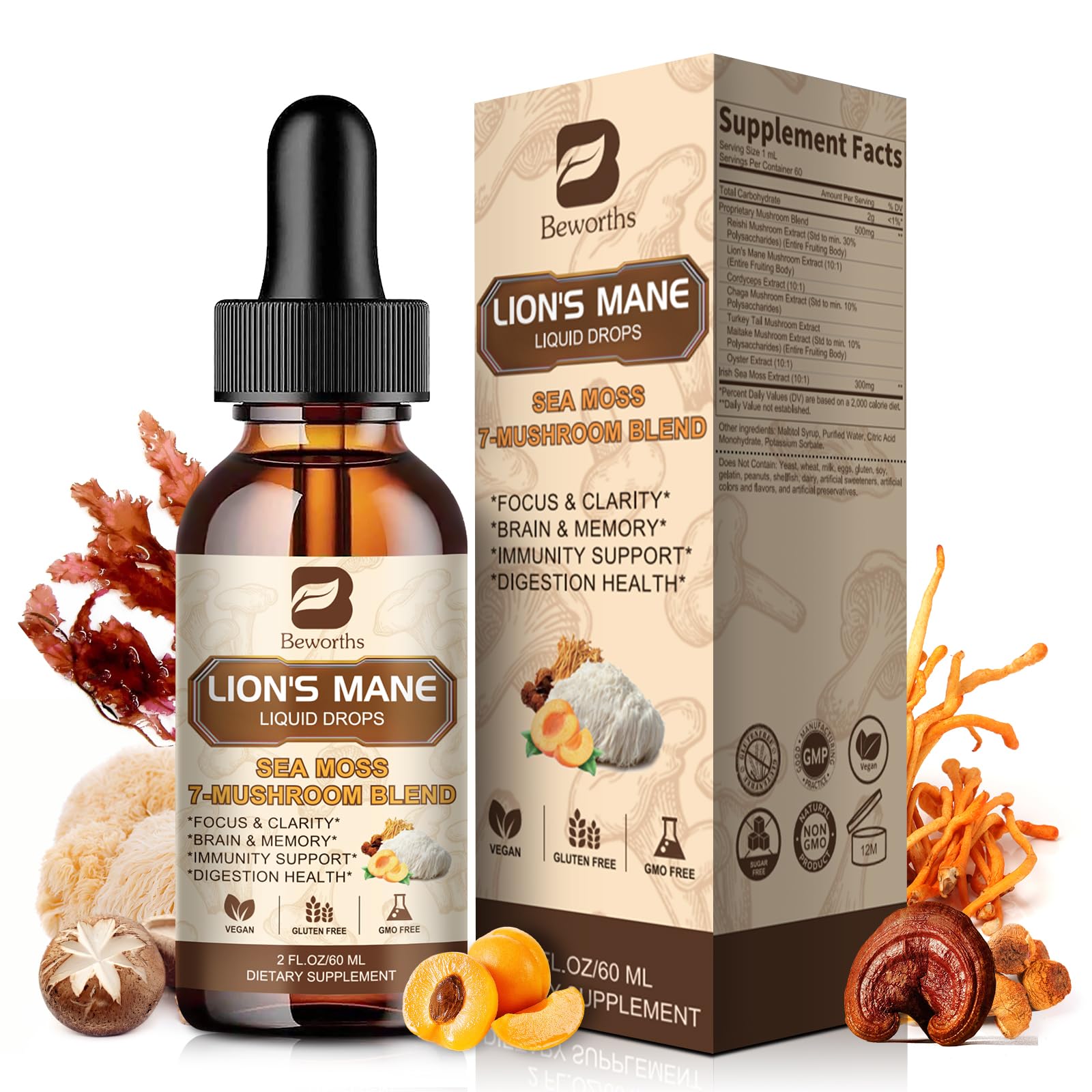 Foto 2 pulgar | Suplemento B Beworths Lion's Mane Mushroom Con Musgo Marino, 60 Ml - Venta Internacional.