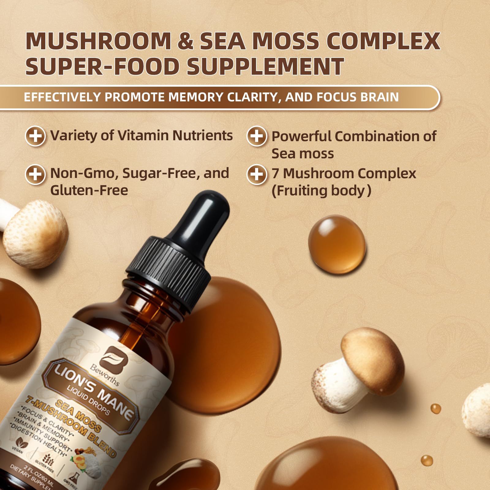Foto 4 pulgar | Suplemento B Beworths Lion's Mane Mushroom Con Musgo Marino, 60 Ml - Venta Internacional.