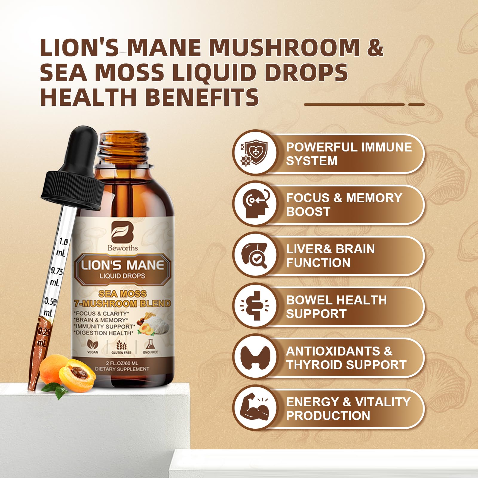 Foto 5 pulgar | Suplemento B Beworths Lion's Mane Mushroom Con Musgo Marino, 60 Ml - Venta Internacional.