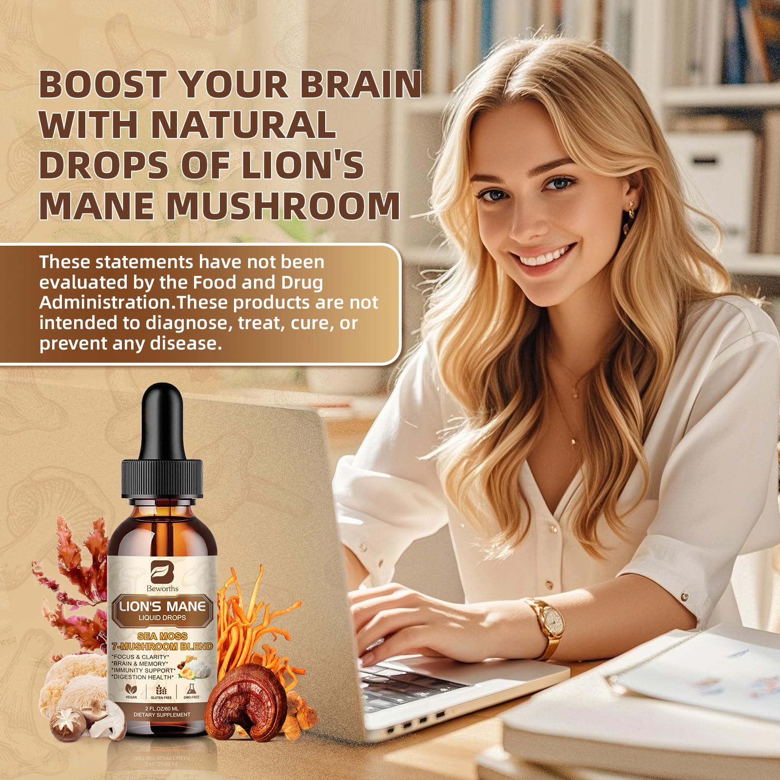 Foto 6 pulgar | Suplemento B Beworths Lion's Mane Mushroom Con Musgo Marino, 60 Ml - Venta Internacional.
