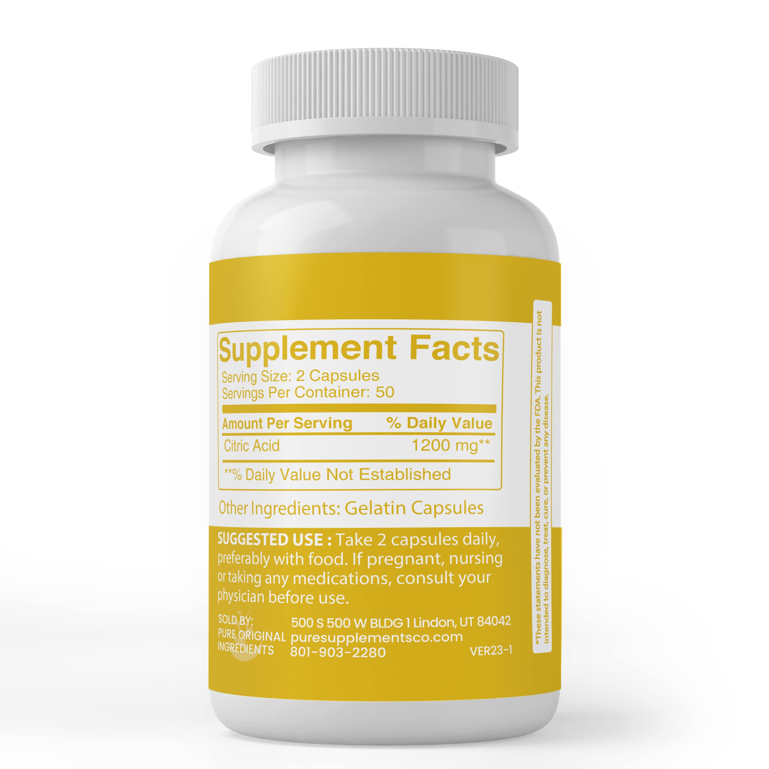 Foto 4 pulgar | Suplemento Dietético Pure Original Ingredients Ácido Cítrico 100 Cápsulas - Venta Internacional.