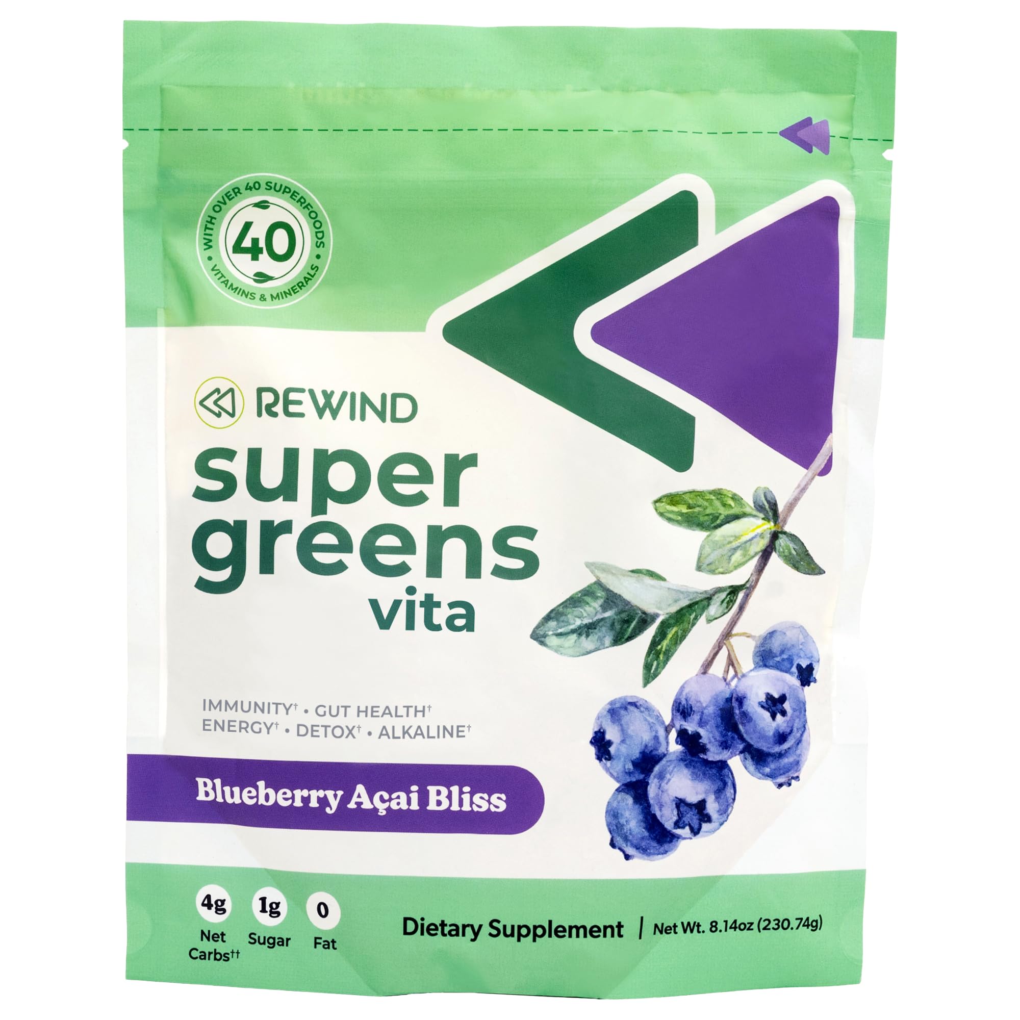 Foto 2 pulgar | Super Greens Powder Rewind Greens Blueberry Acai Bliss, Más De 40 Superalimentos - Venta Internacional.