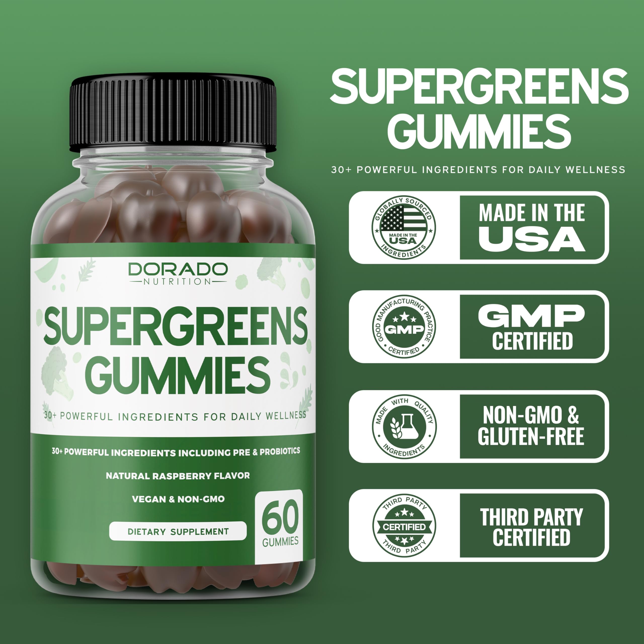 Foto 6 pulgar | Gomitas Supergreens Dorado Nutrition, 60 Unidades - Venta Internacional.