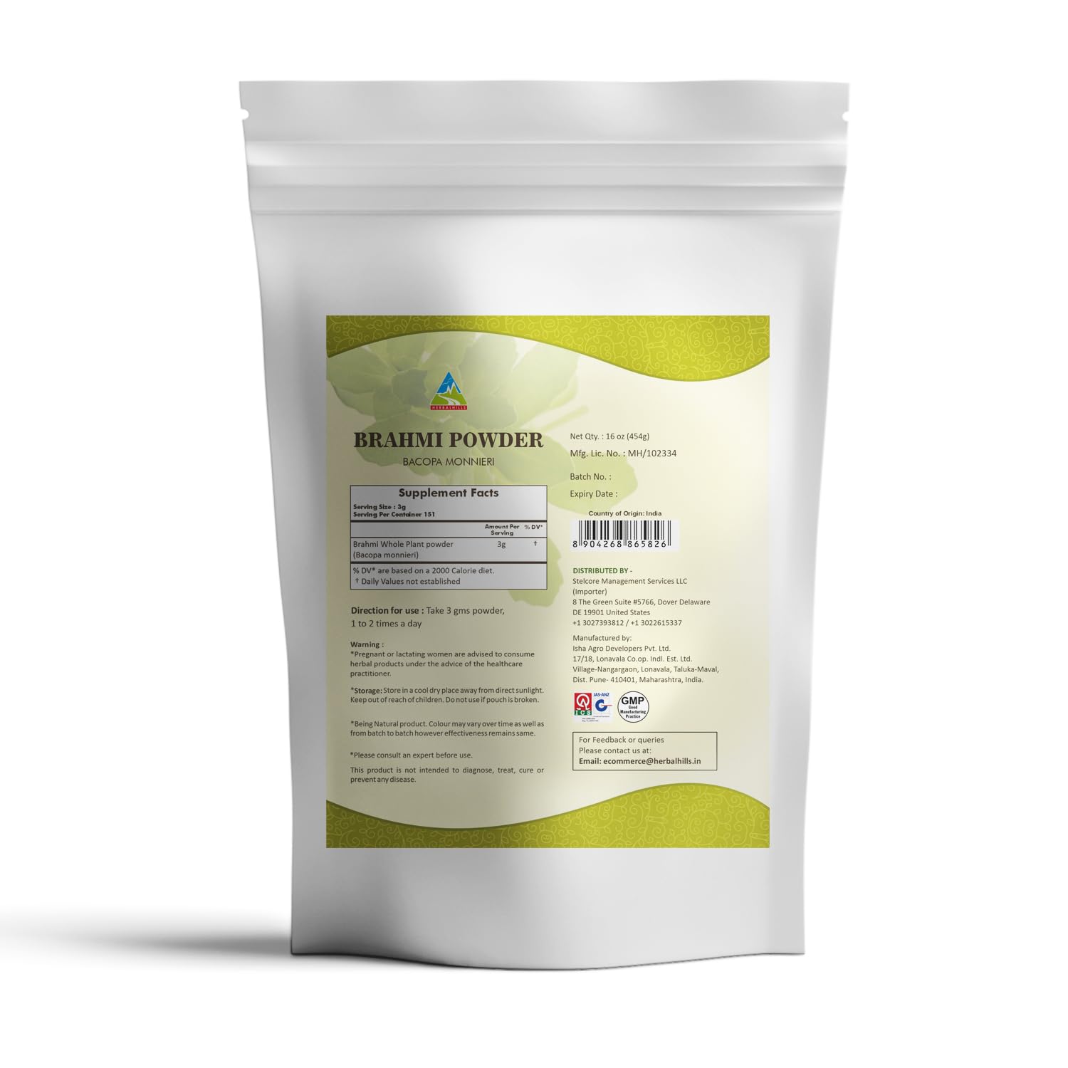 Foto 3 pulgar | Bacopa Monnieri Powder Herbal Hills Brahmi Para El Cuidado Del Cabello, 454 G - Venta Internacional.