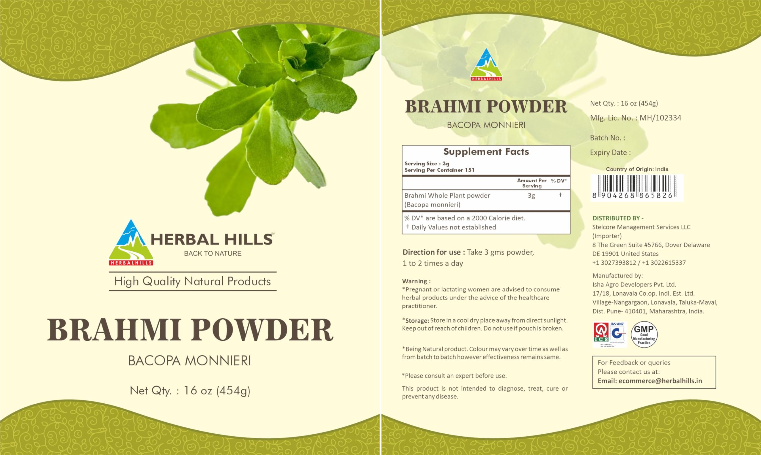 Foto 5 pulgar | Bacopa Monnieri Powder Herbal Hills Brahmi Para El Cuidado Del Cabello, 454 G - Venta Internacional.