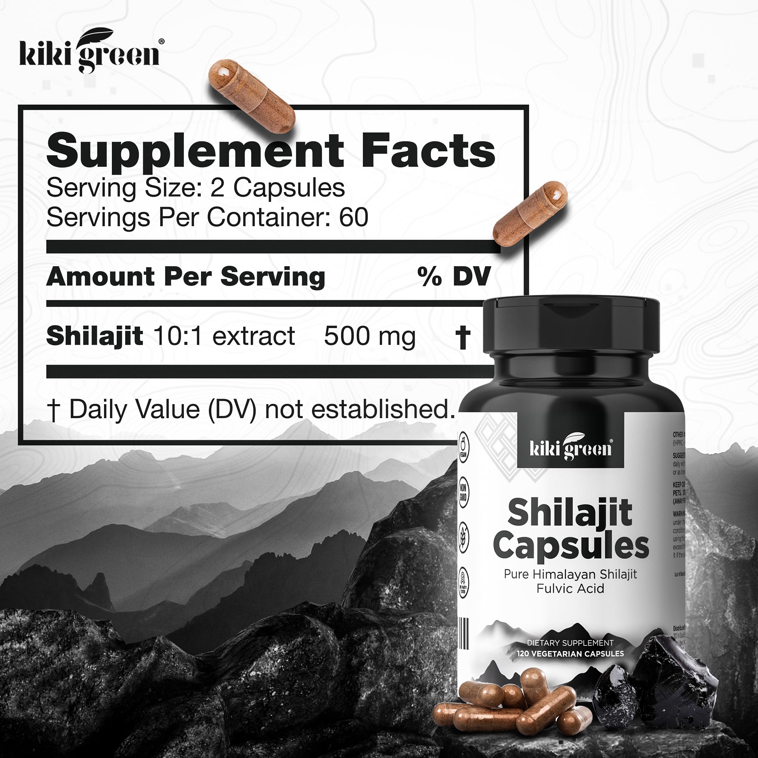 Foto 7 pulgar | Suplemento Kiki Green Shilajit En Cápsulas De 500 Mg Con Ácido Fúlvico - Venta Internacional.