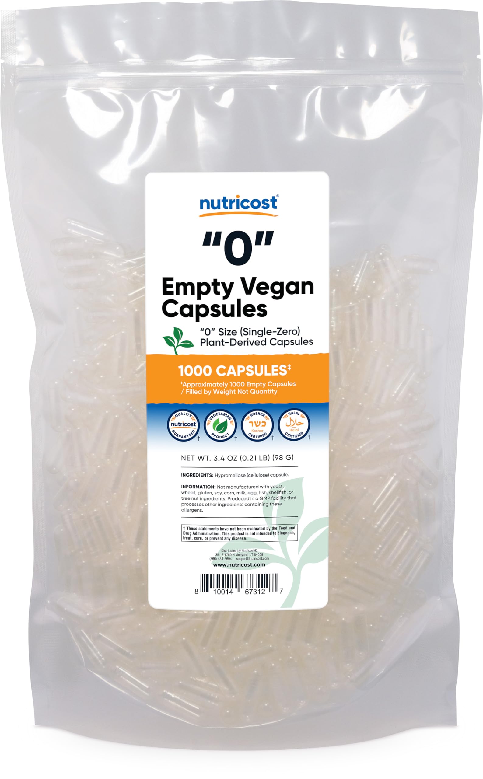 Foto 2 pulgar | Cápsulas Vacías Nutricost, Tamaño 0, Veganas, 1000 Cápsulas Transparentes - Venta Internacional.