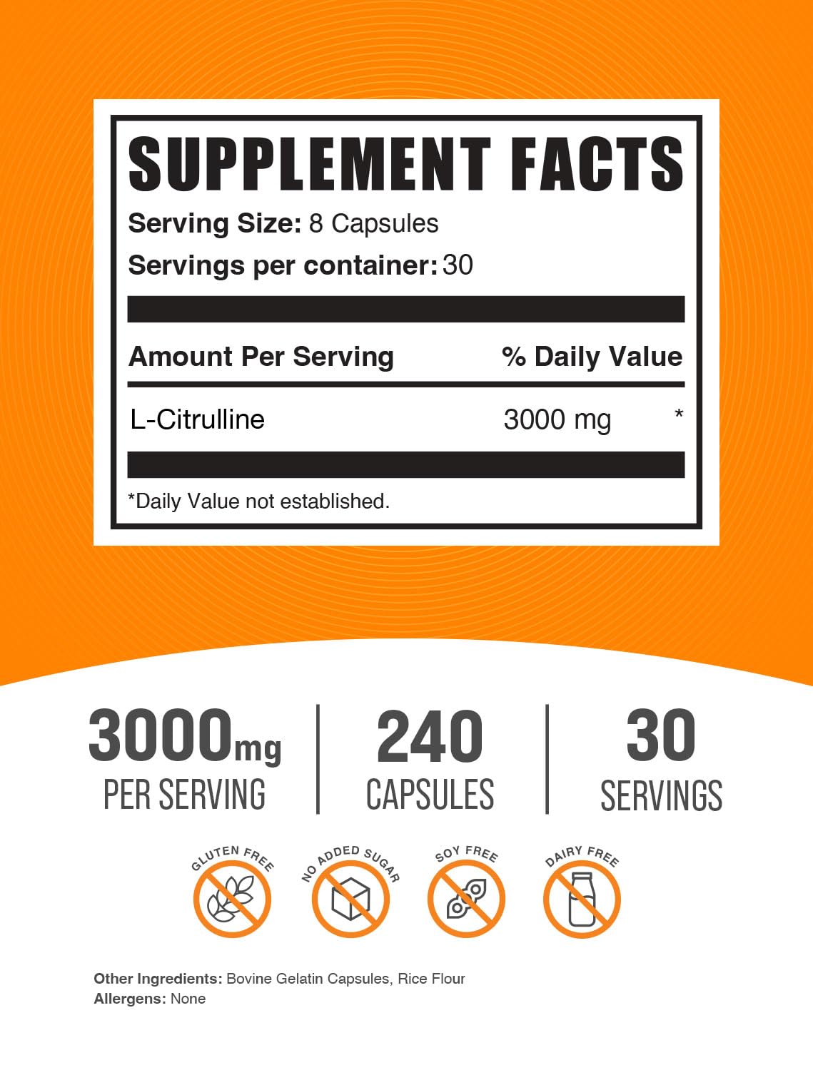 Foto 3 pulgar | Suplemento Bulksupplements.com L-citrulina 3000 Mg 240 Cápsulas - Venta Internacional.