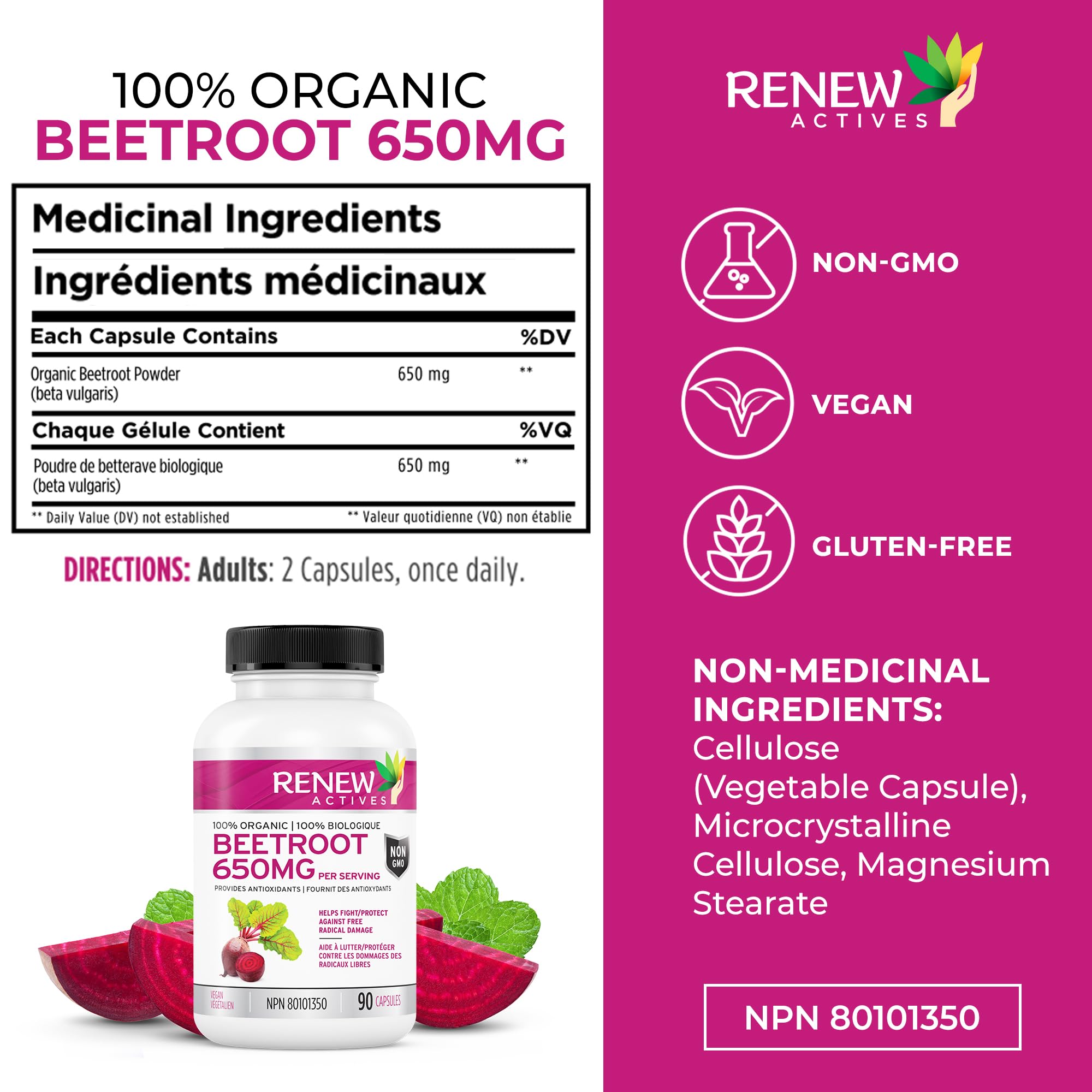 Foto 2 | Suplemento Renew Actives Remolacha Orgánica 1300 Mg 90 Cápsulas - Venta Internacional.