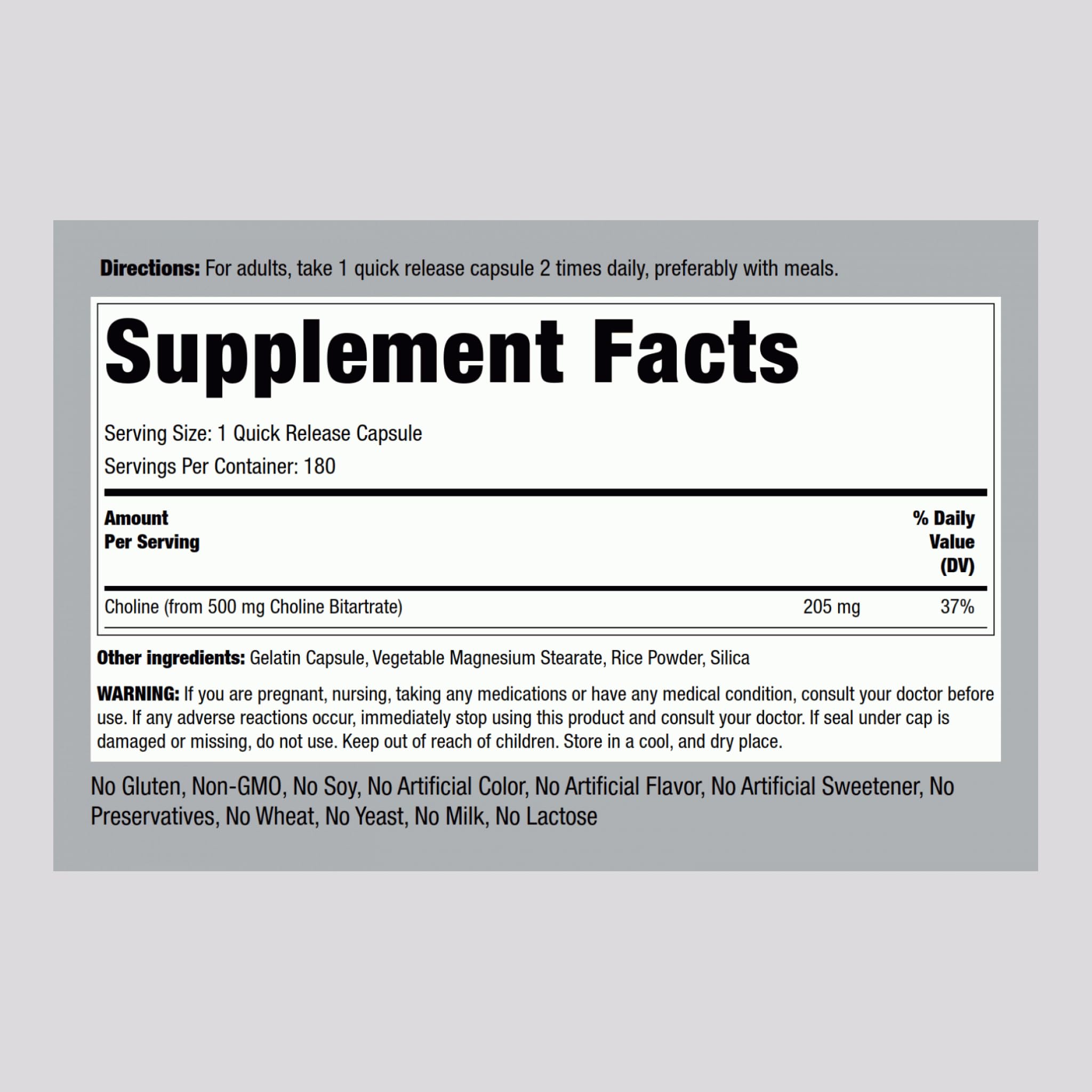 Foto 2 | Suplemento De Bitartrato De Colina Piping Rock 500 Mg 180 Cápsulas - Venta Internacional.