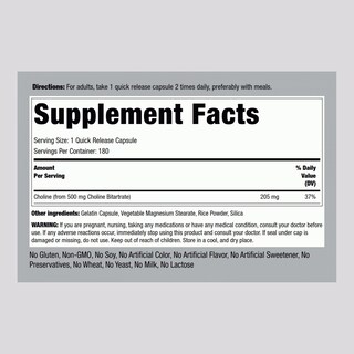 Foto 2 | Suplemento De Bitartrato De Colina Piping Rock 500 Mg 180 Cápsulas - Venta Internacional.