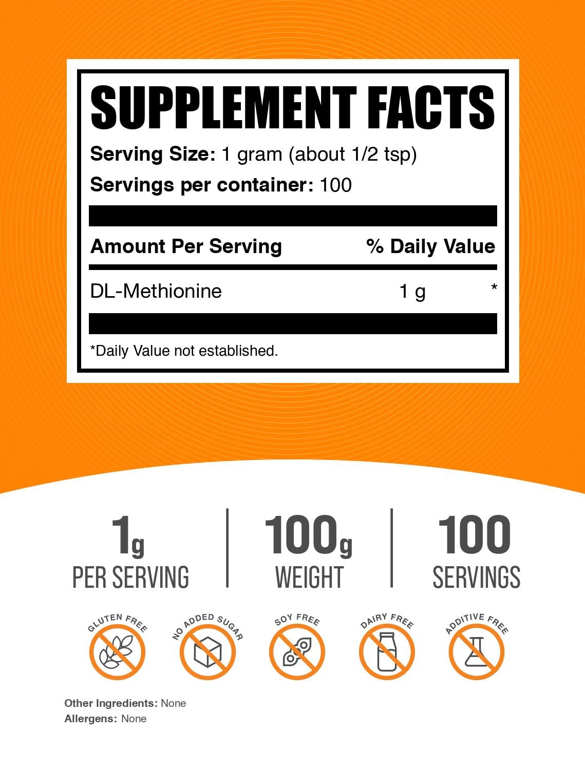Foto 3 pulgar | Suplemento Bulksupplements.com Dl-metionina 1000 Mg 100 G - Venta Internacional.