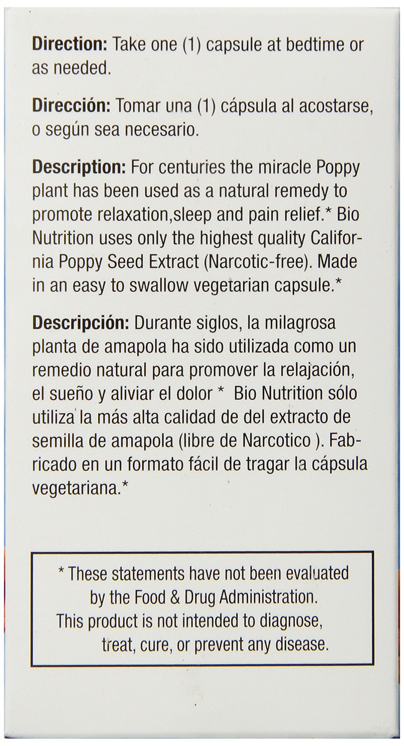 Foto 3 pulgar | Suplemento Bio Nutrition California Poppy 60 Cápsulas Vegetarianas - Venta Internacional.