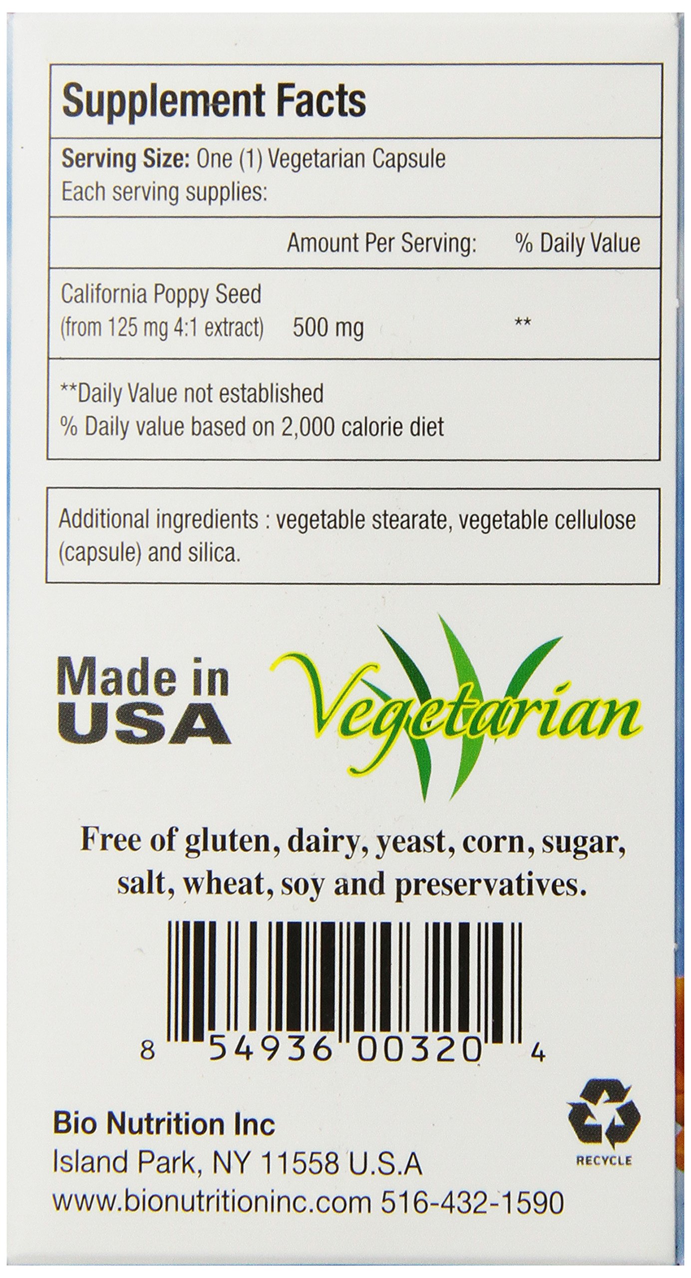 Foto 4 pulgar | Suplemento Bio Nutrition California Poppy 60 Cápsulas Vegetarianas - Venta Internacional.