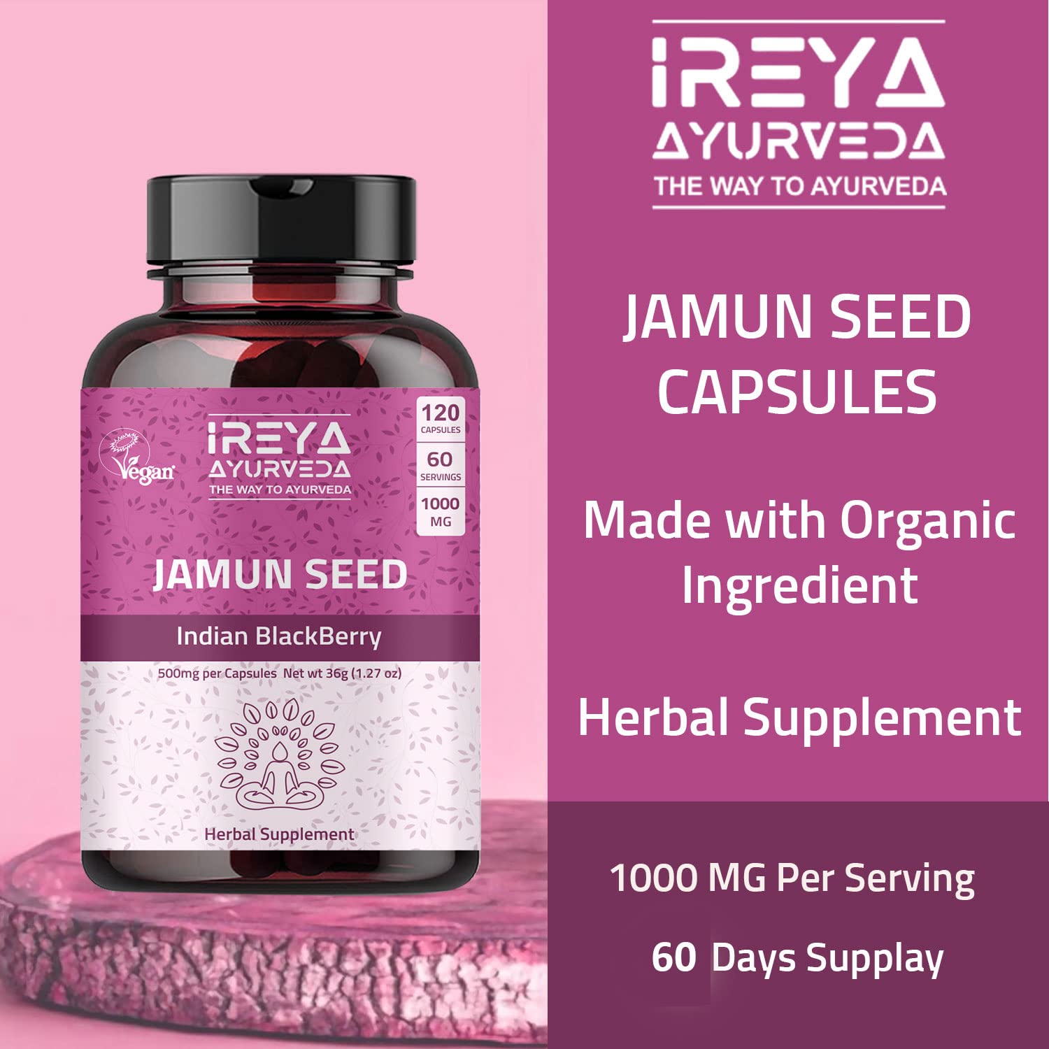 Foto 7 pulgar | Suplemento Ireya Ayurveda Jamun Seed 1000 Mg (120 Cápsulas) - Venta Internacional.