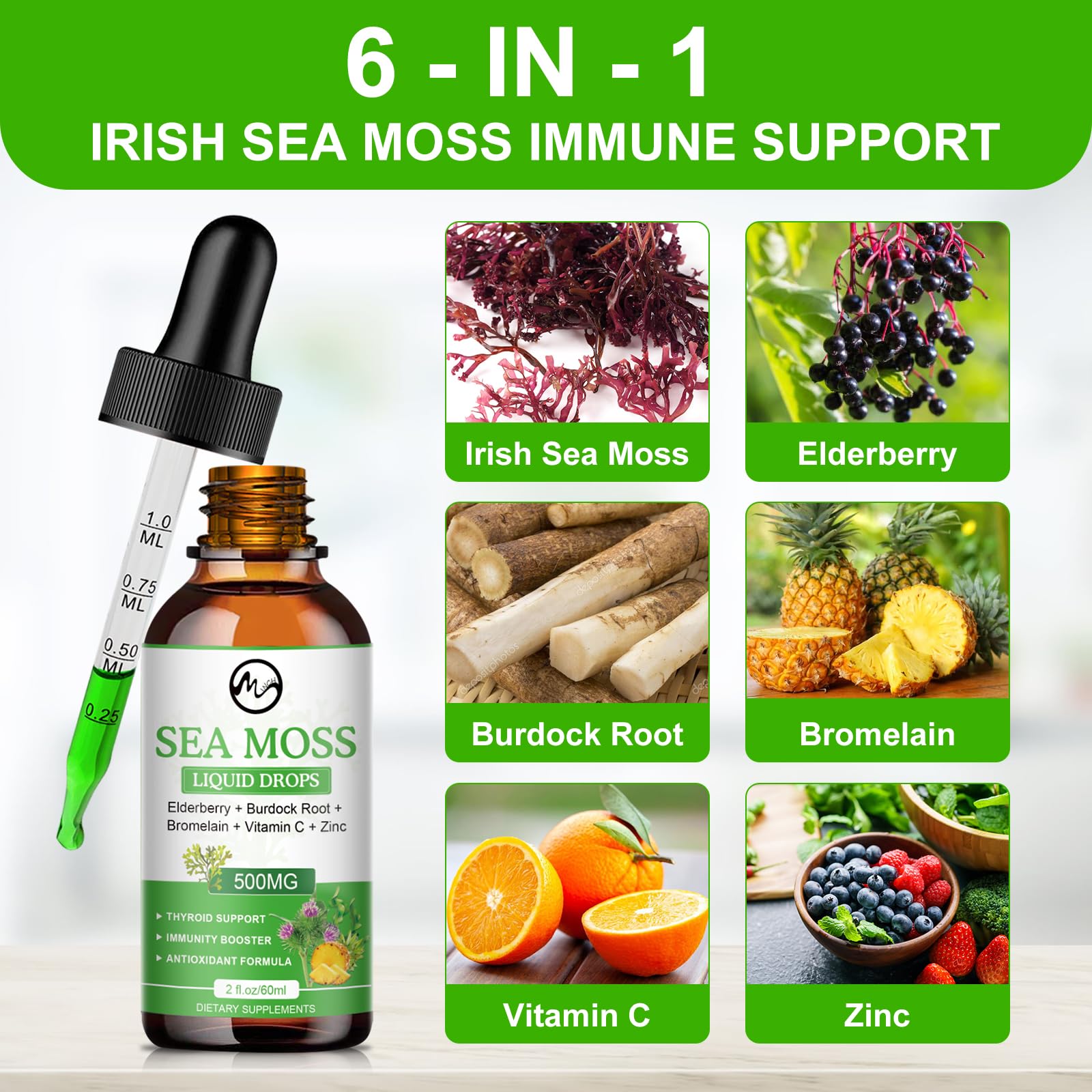 Foto 4 pulgar | Gotas Líquidas Supplement M Inch Sea Moss De 60 Ml Con Saúco - Venta Internacional.
