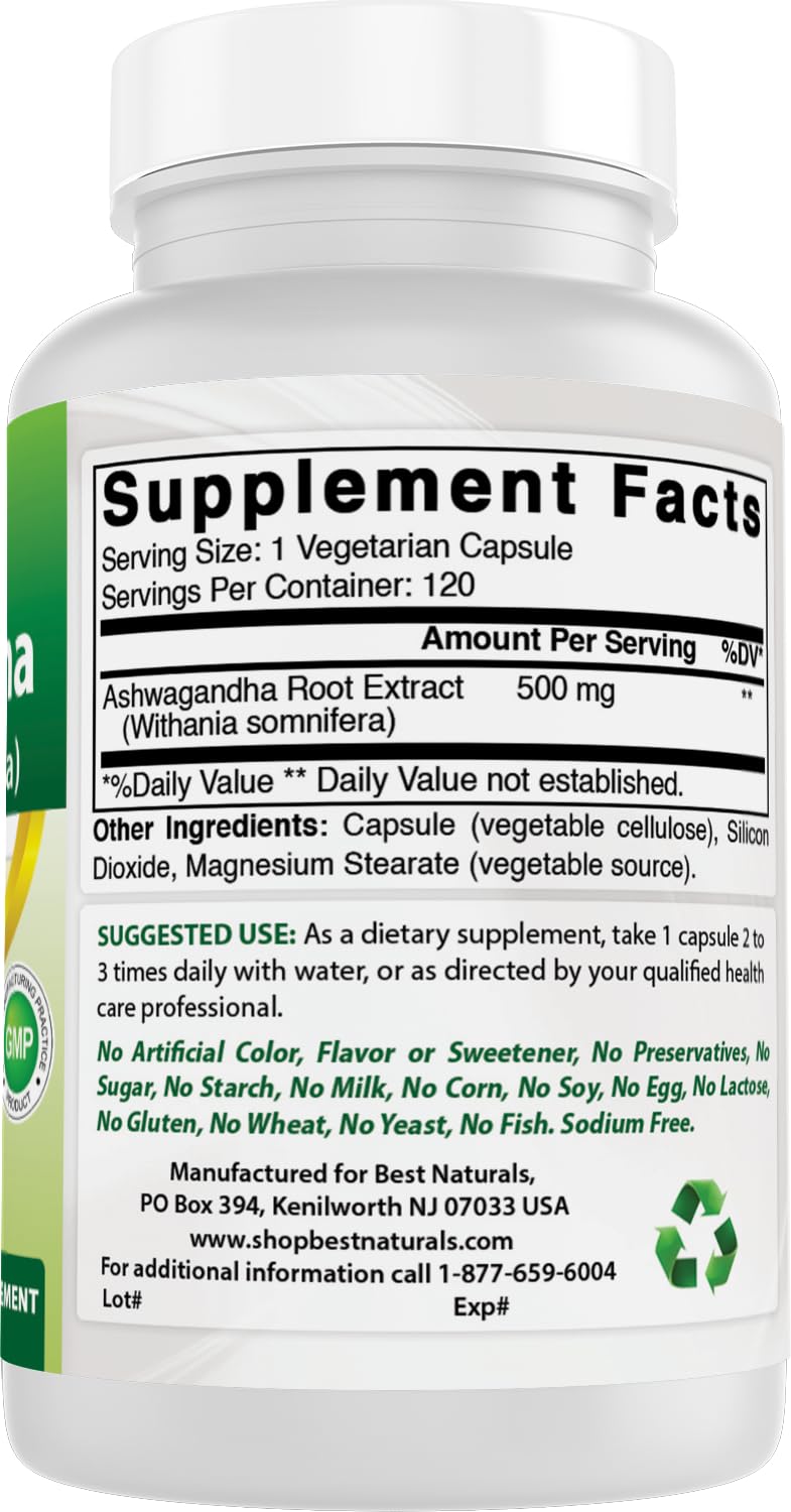 Foto 7 pulgar | Extracto De Ashwagandha Supplement Best Naturals 500 Mg X 120 Cápsulas - Venta Internacional.