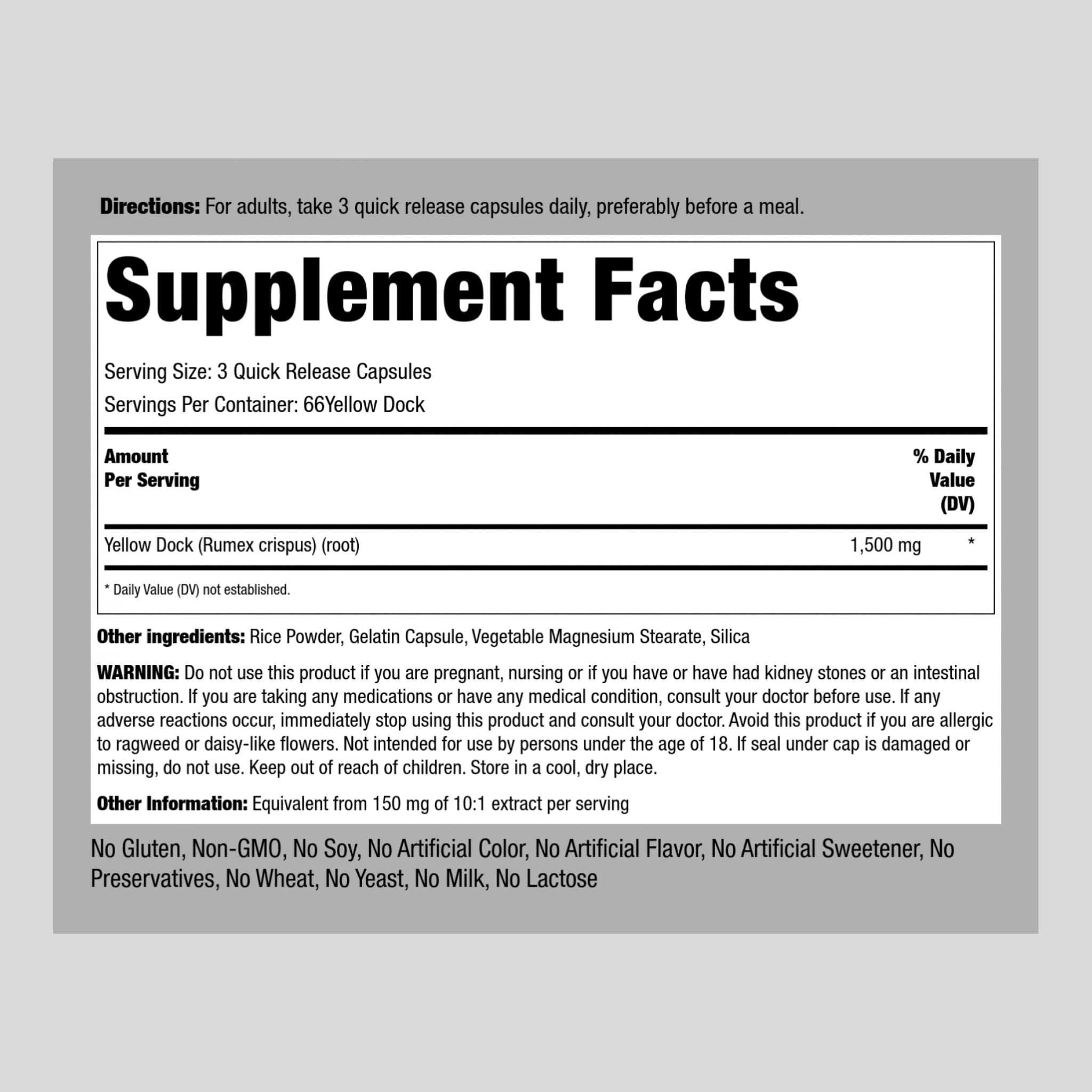 Foto 3 pulgar | Suplemento Piping Rock Yellow Dock Root 1500 Mg 200 Cápsulas - Venta Internacional.