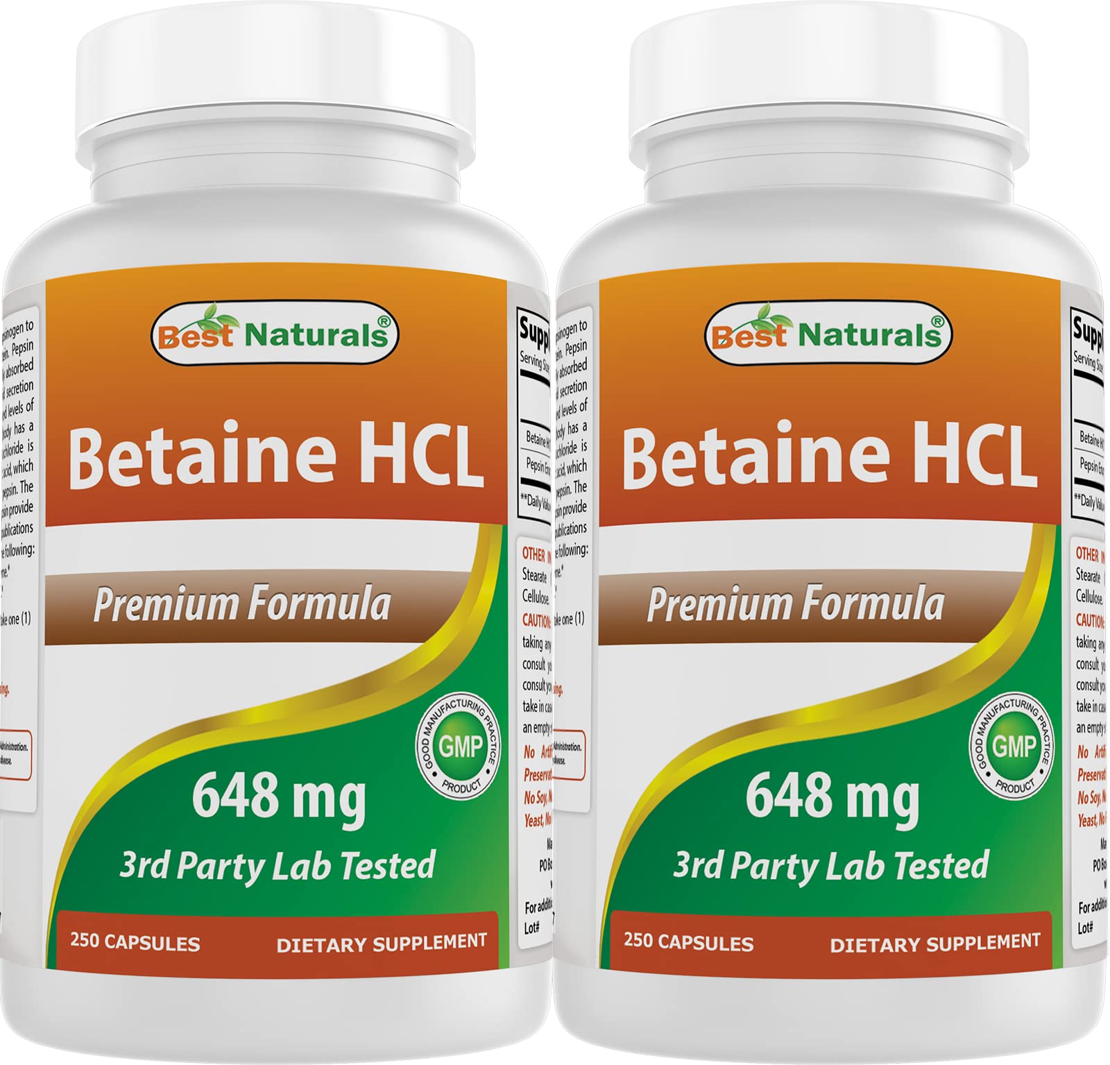 Foto 2 pulgar | Suplemento Best Naturals Betaína Hcl 648 Mg 250 Cápsulas X 2 - Venta Internacional.