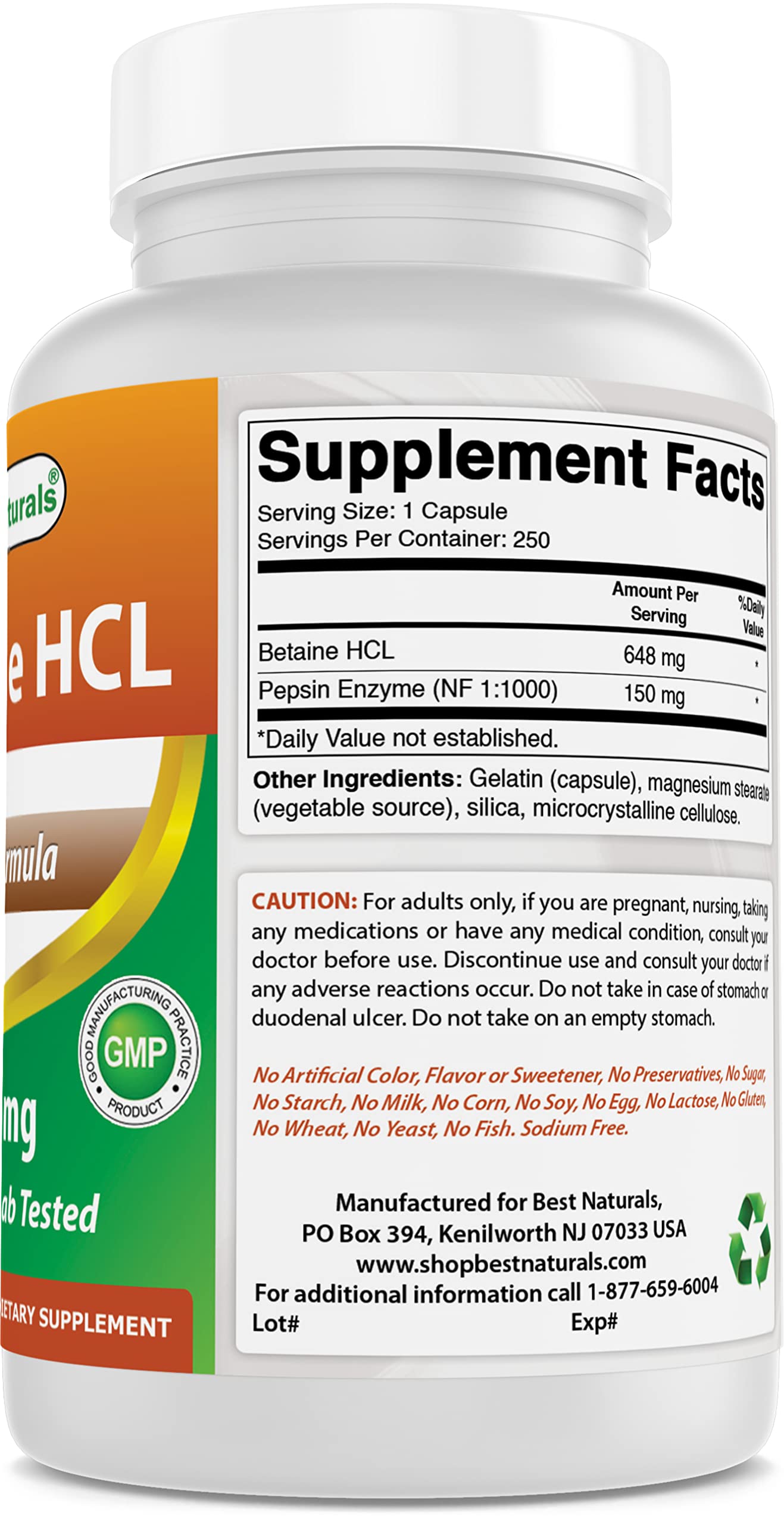 Foto 6 pulgar | Suplemento Best Naturals Betaína Hcl 648 Mg 250 Cápsulas X 2 - Venta Internacional.