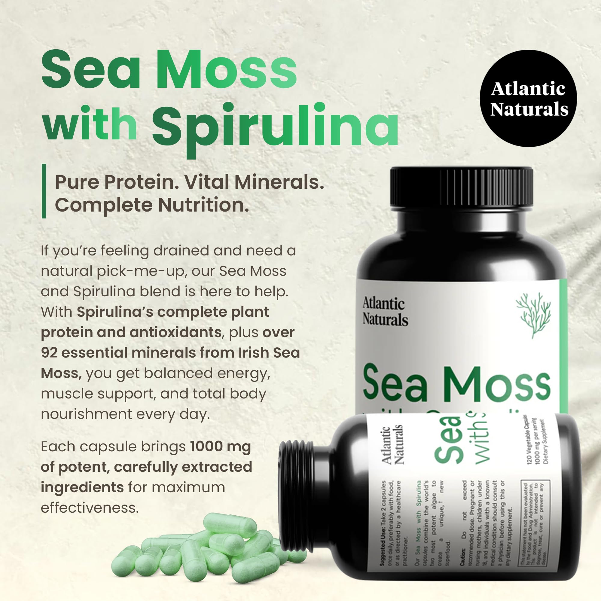 Foto 3 pulgar | Suplemento De Musgo Marino De Atlantic Naturals Con Espirulina 120 Cápsulas - Venta Internacional.